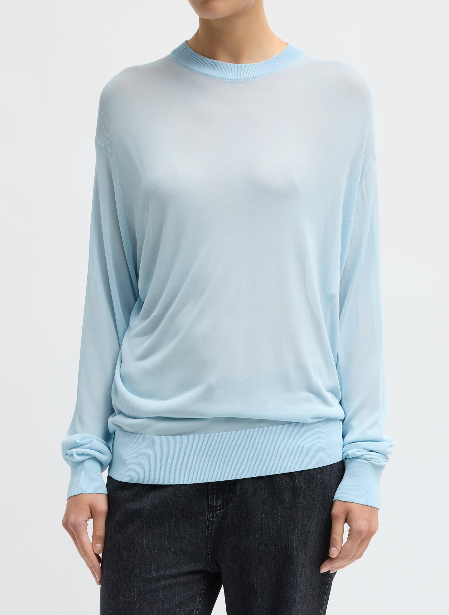 Baby Blue Slinky Viscose Perfect Men's Pullover - front view on model