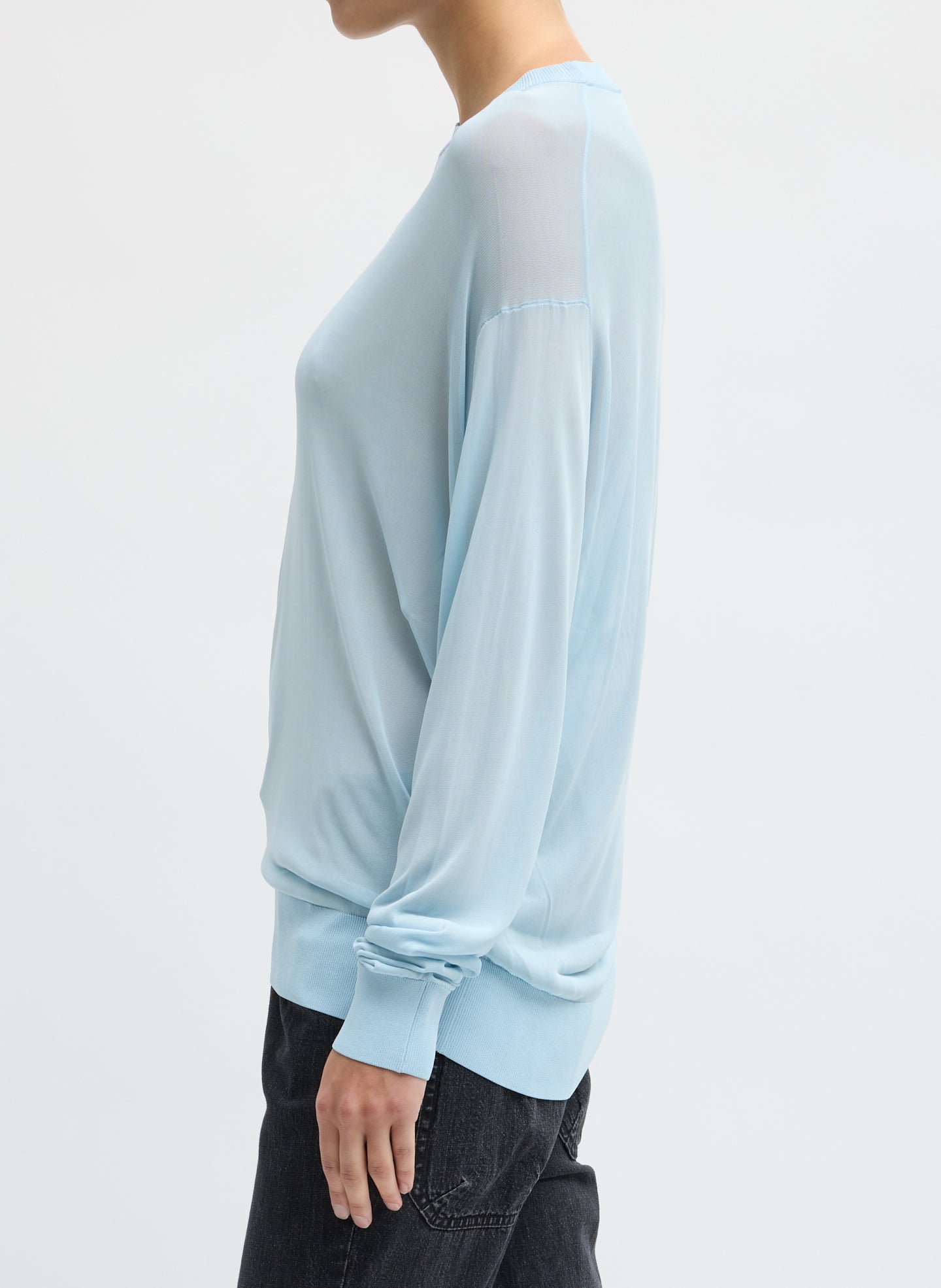 Baby Blue Slinky Viscose Perfect Men's Pullover - side view on model