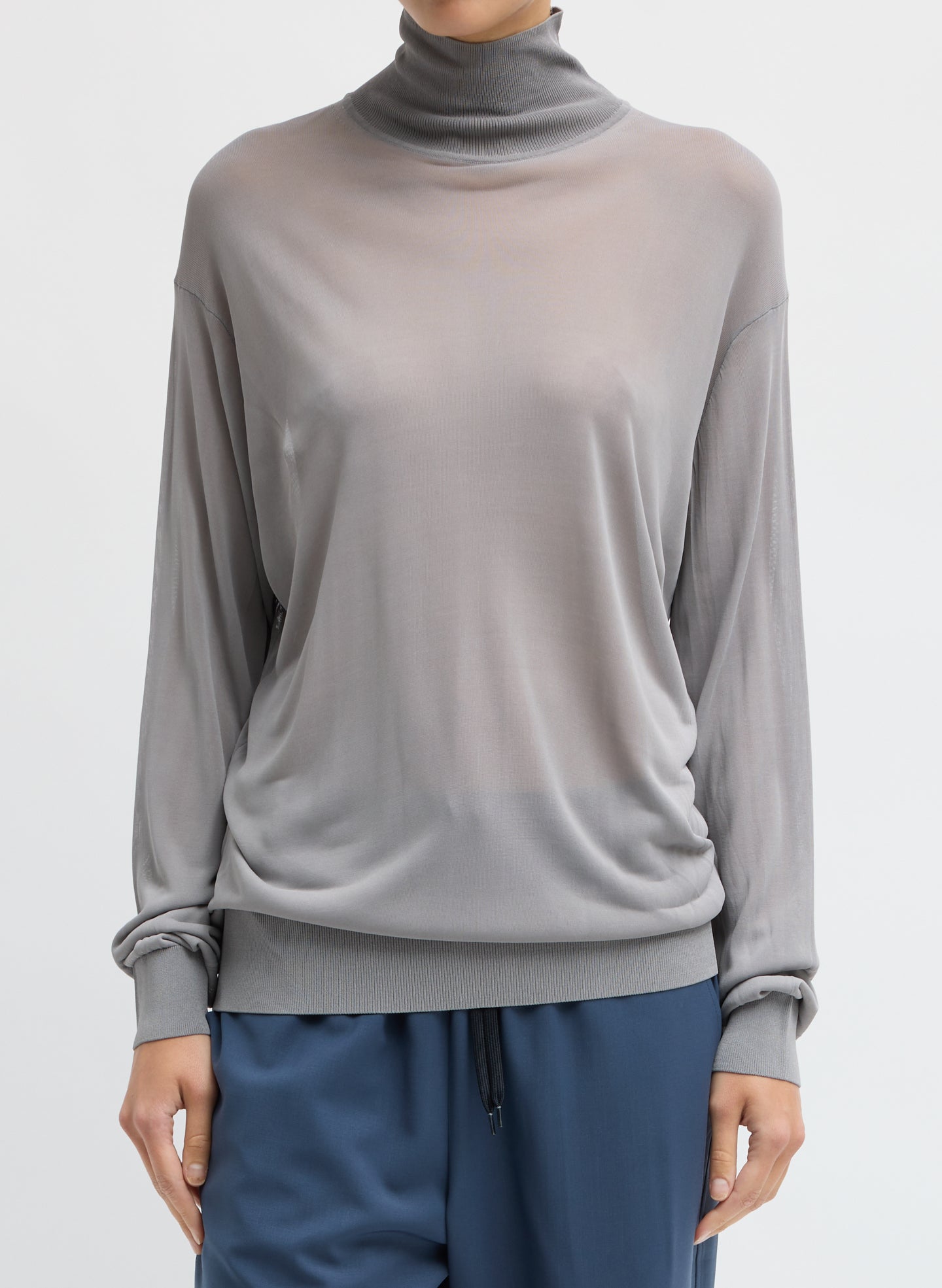 Grey Slinky Viscose Perfect Men's Turtleneck - front view on model