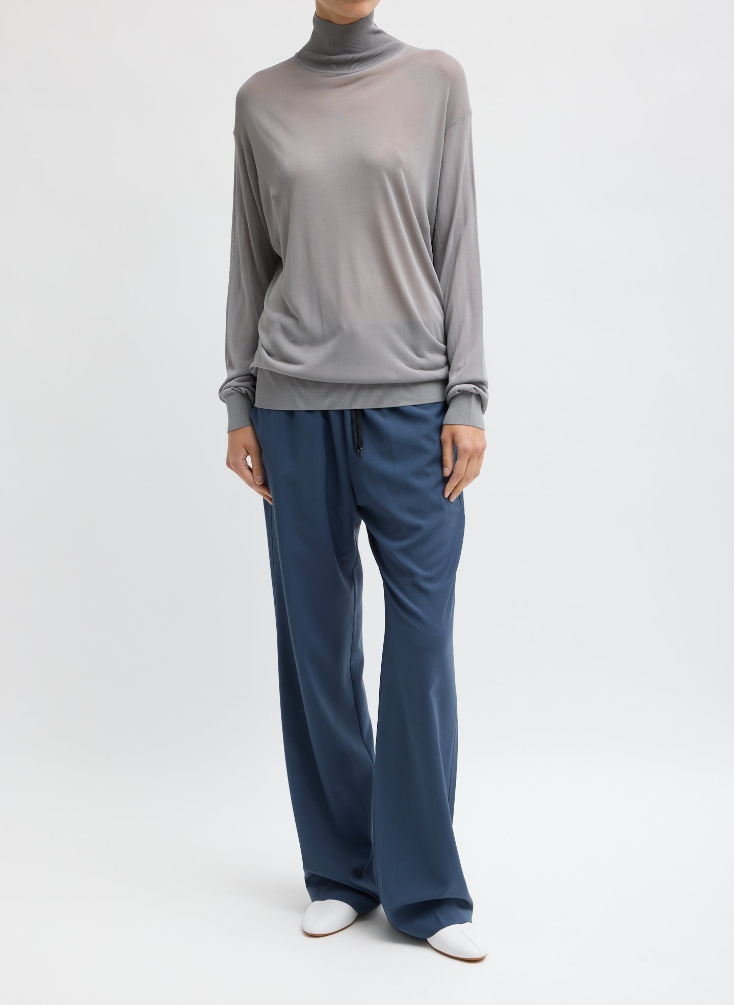 Grey Slinky Viscose Perfect Men's Turtleneck - full look, front view on model
