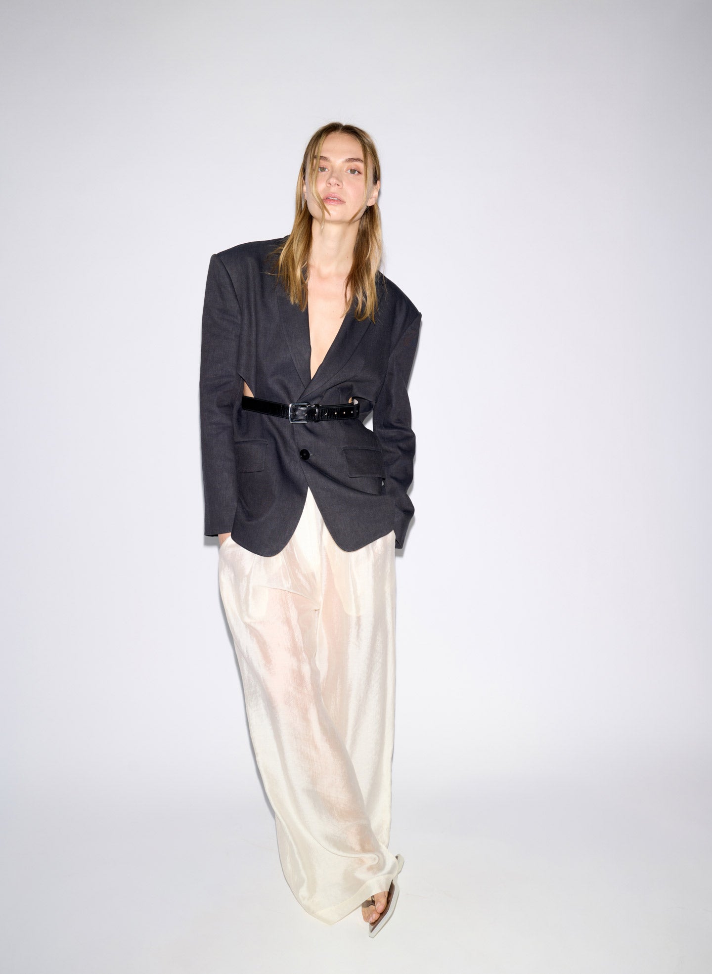 Black Stretch Linen Viscose Side Cut Blazer - editorial image on model
