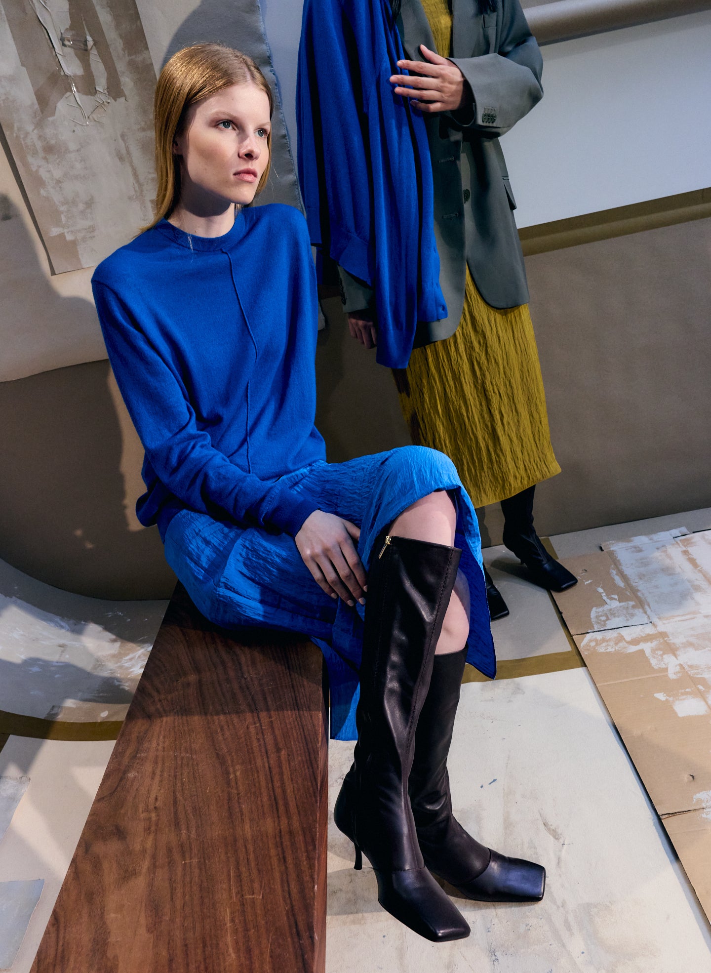 Bright Blue Skinlike Mercerized Wool Crewneck Pullover - editorial image on model