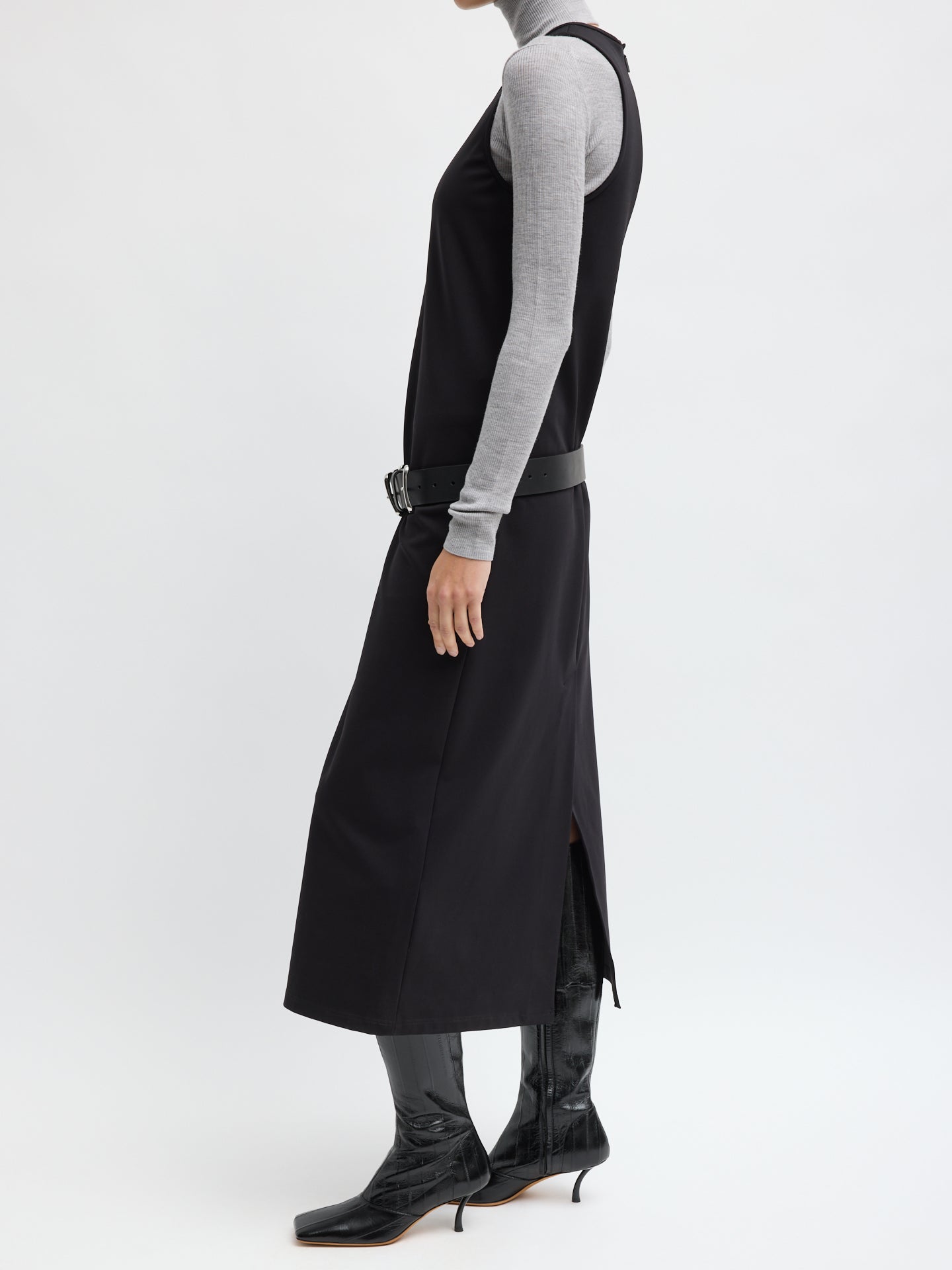 Black Compact Ultra Stretch Knit Sleeveless Maxi Dress - side view on model
