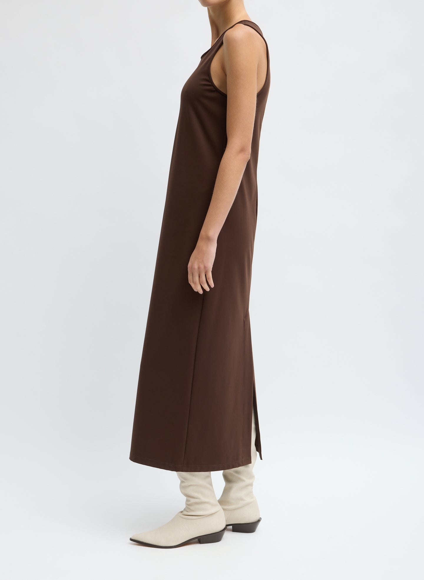 Brown Compact Ultra Stretch Knit Sleeveless Maxi Dress - side view on model