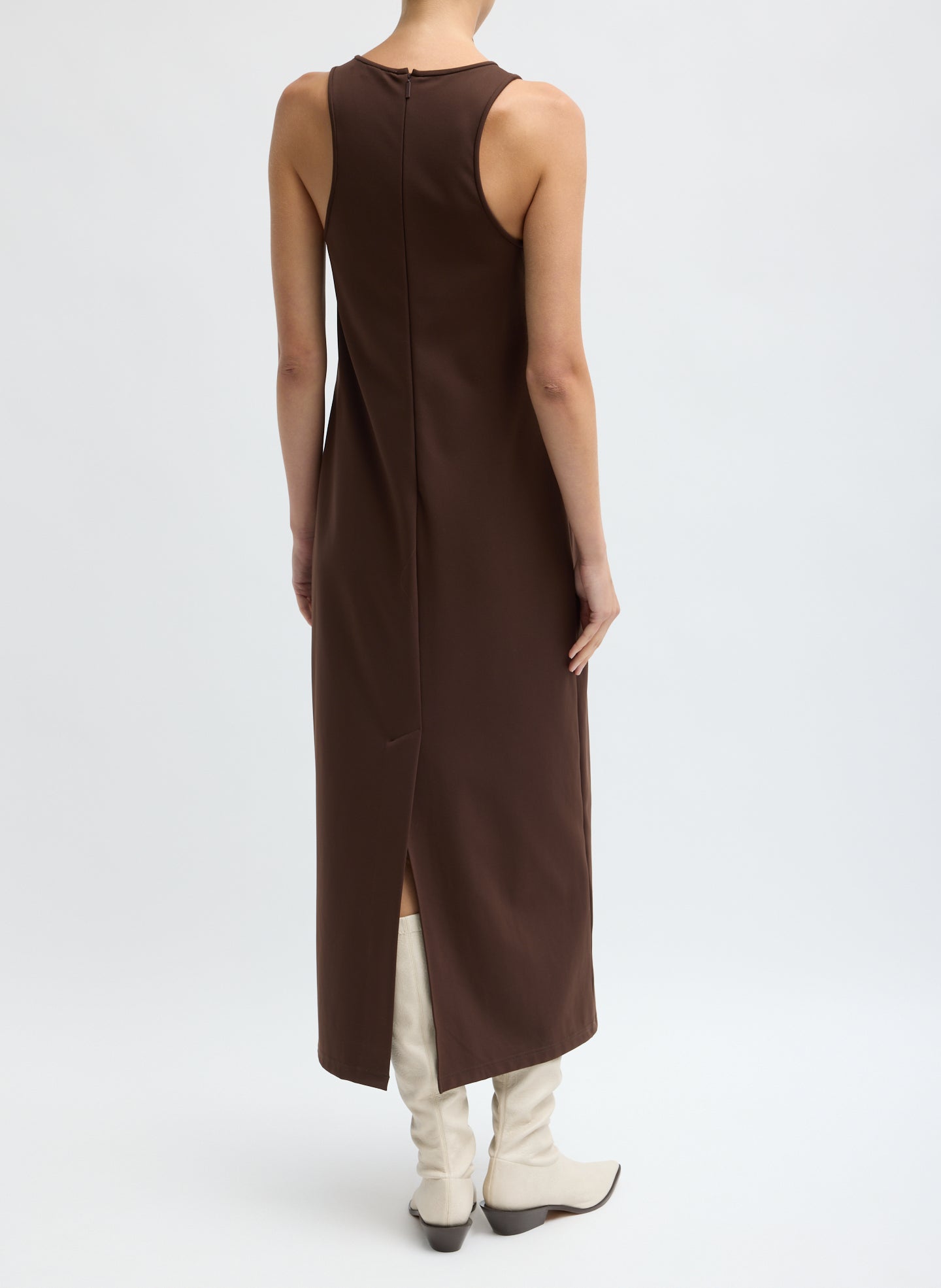 Brown Compact Ultra Stretch Knit Sleeveless Maxi Dress - back view on model