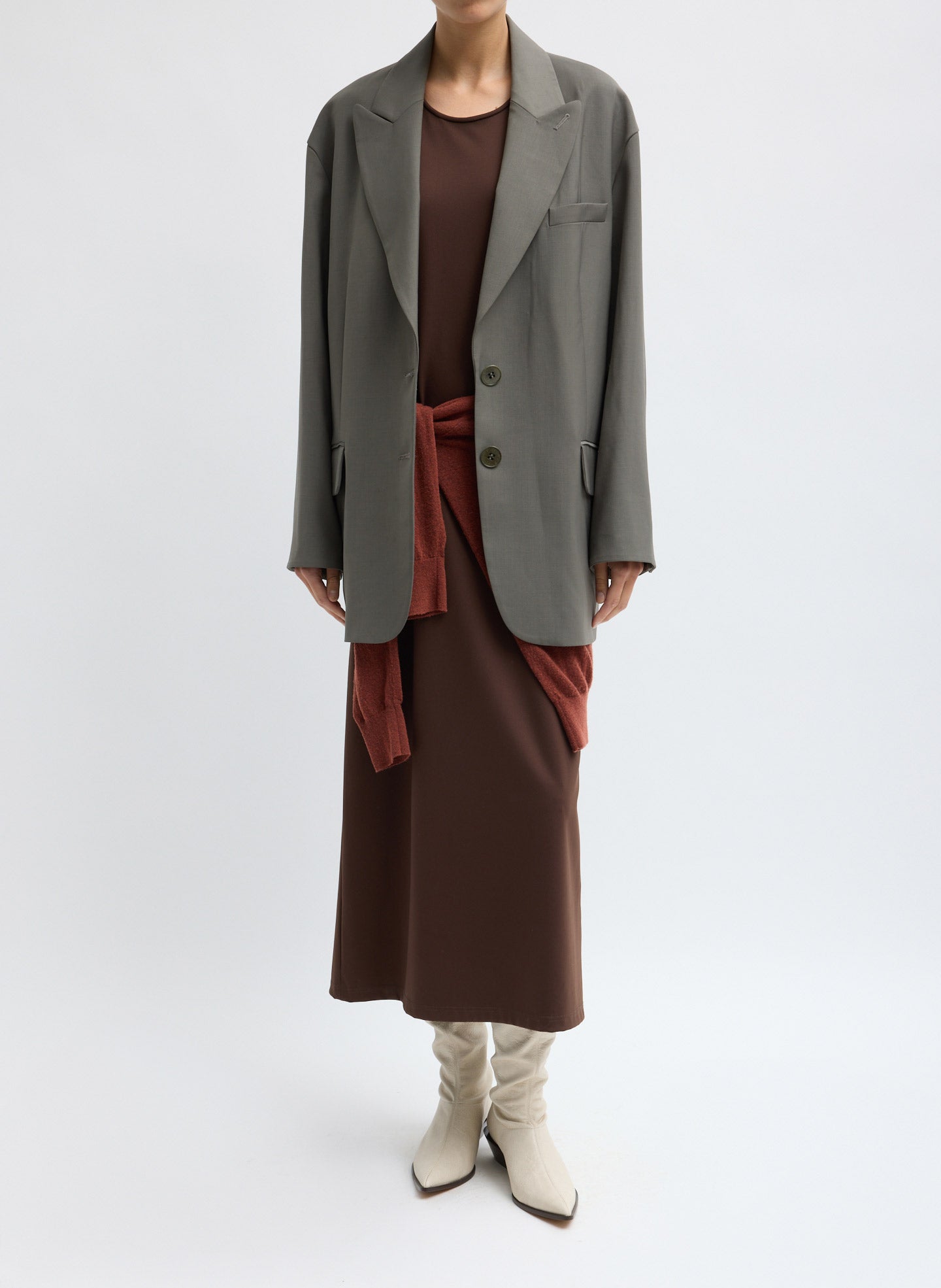 Brown Compact Ultra Stretch Knit Sleeveless Maxi Dress - full look, front view on model