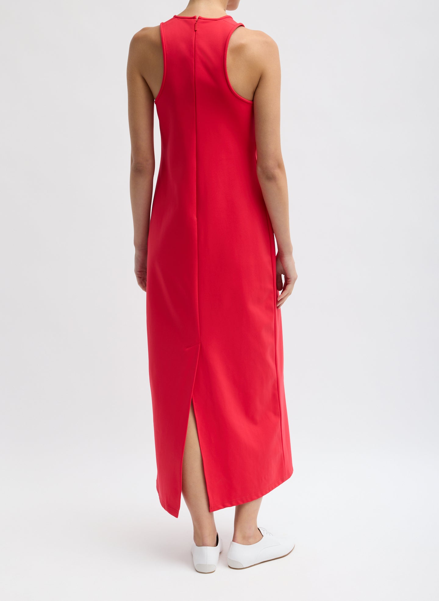 Red Compact Ultra Stretch Knit Sleeveless Dress - back view on model