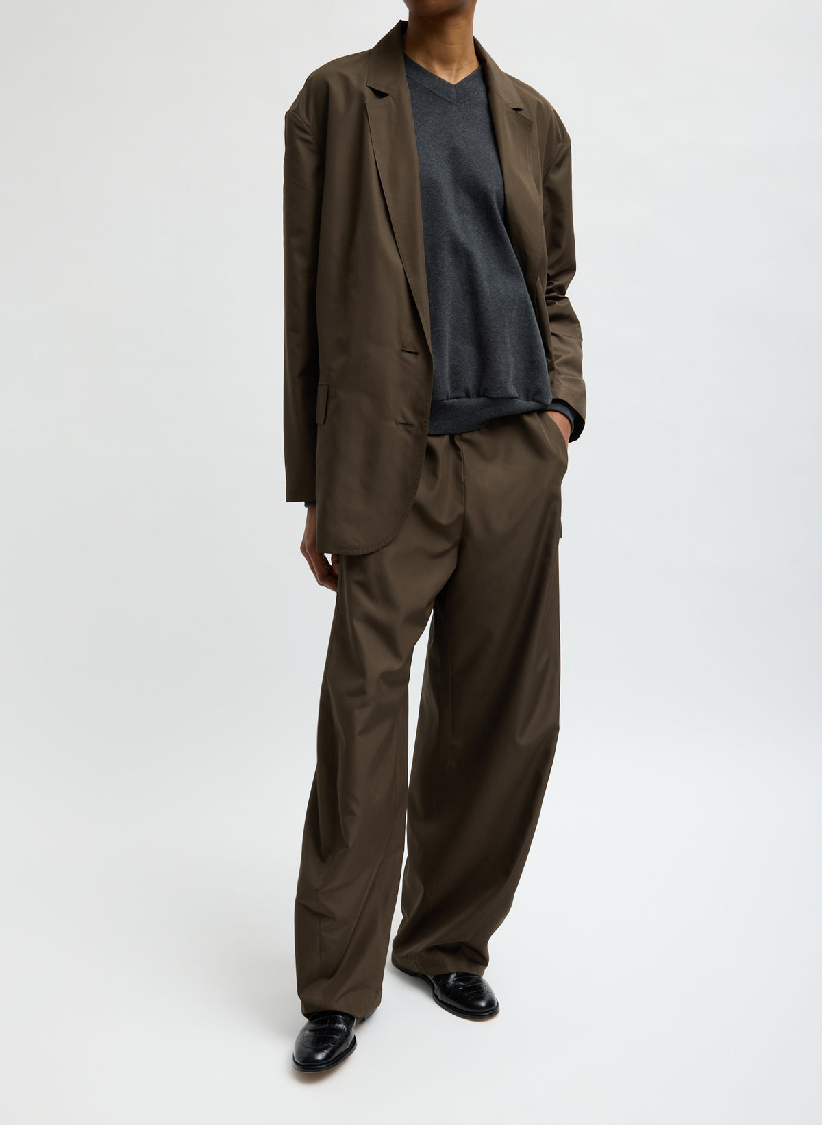 Spring Nylon Winslow Pant - Birch Spring Nylon Winslow Pant - barrel leg lounge pant, front view on model