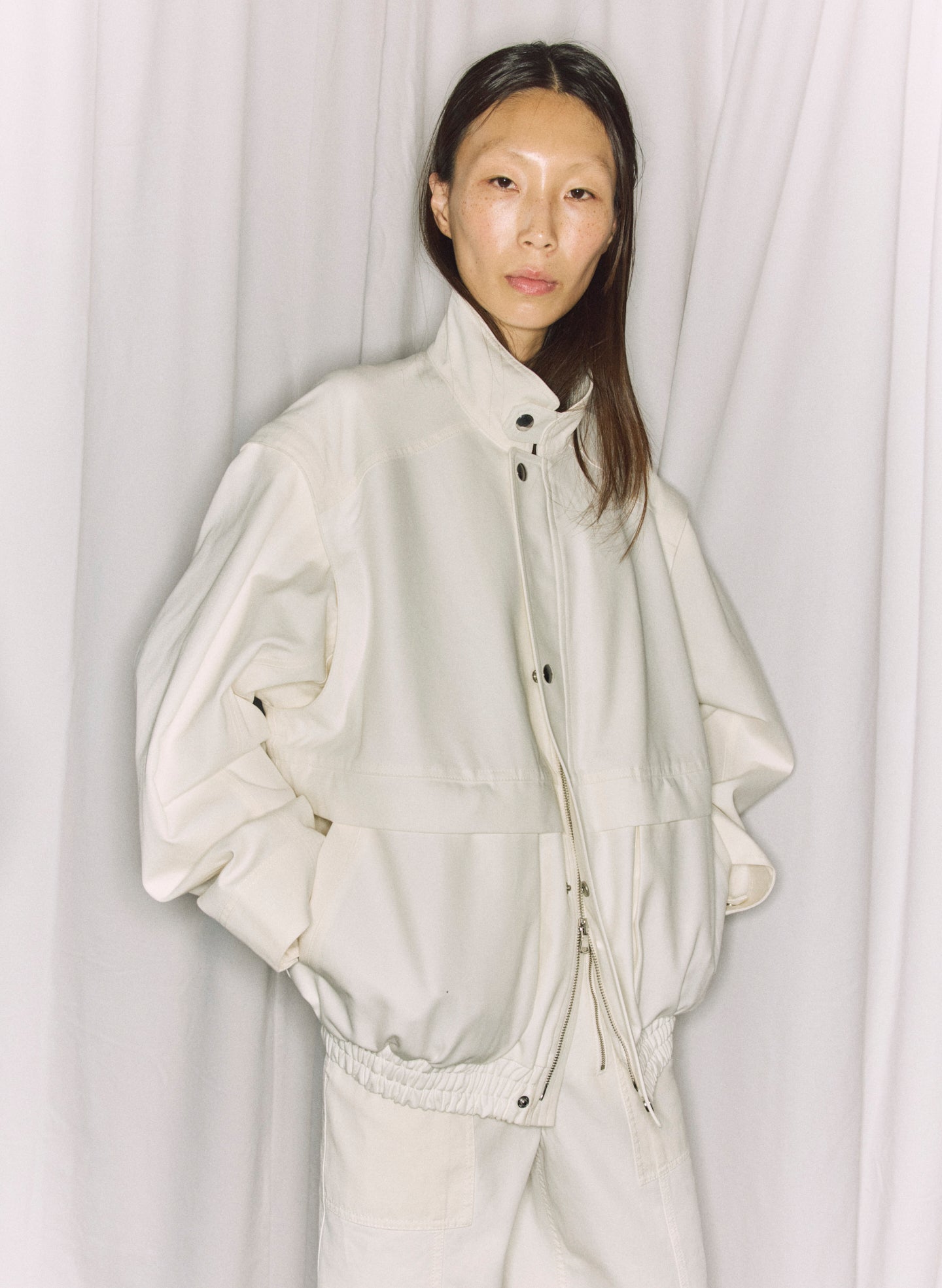 White Patchwork Twill Cargo Fischer Jean and Jacket - editorial campaign on model