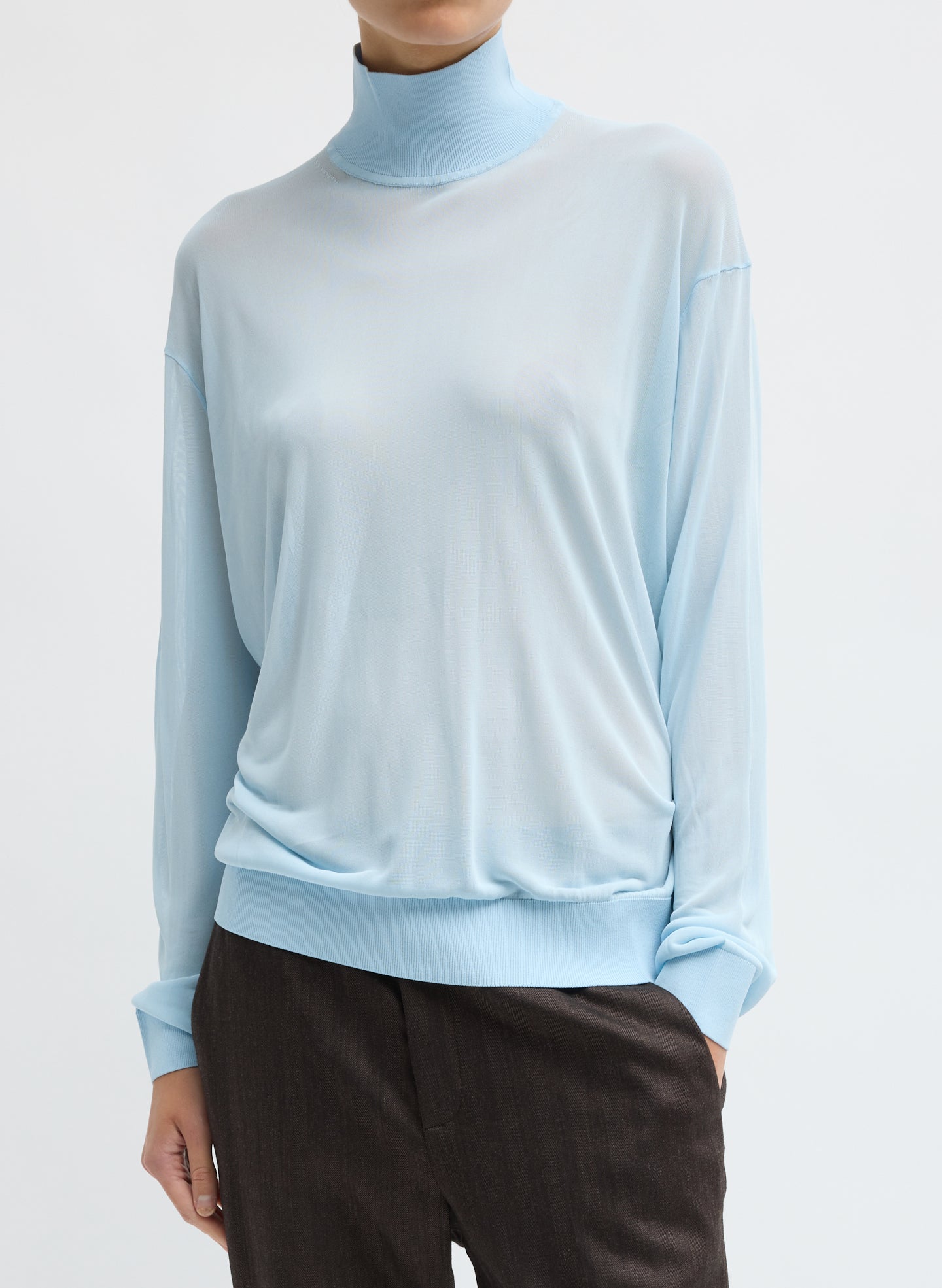 Baby Blue Slinky Viscose Perfect Men's Turtleneck - front view on model