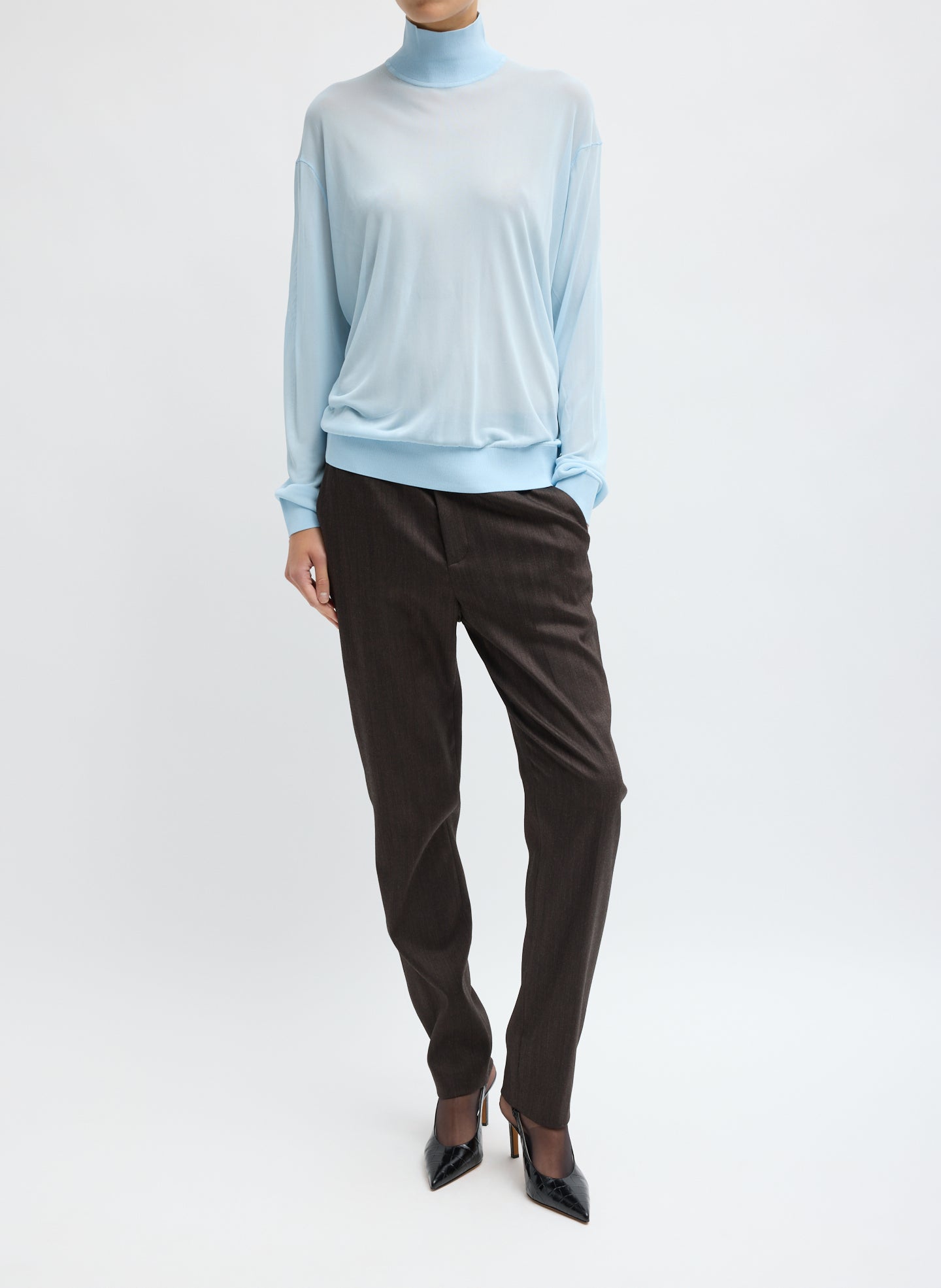 Baby Blue Slinky Viscose Perfect Men's Turtleneck - full look, front view on model