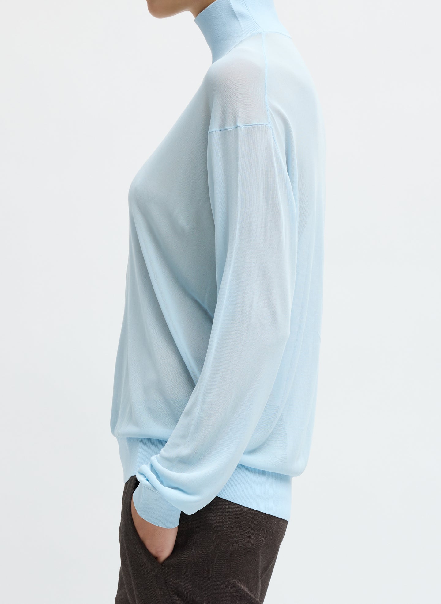 Baby Blue Slinky Viscose Perfect Men's Turtleneck - side view on model