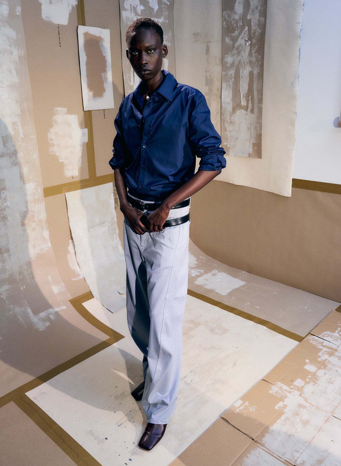 Navy Blue New Shirting Charlie Men's Slim Shirt - button down shirt, editorial image on model