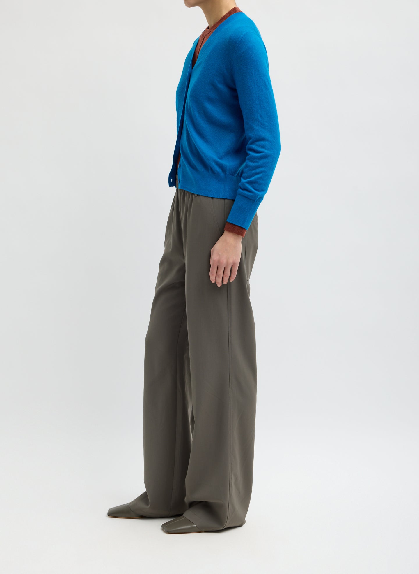 Dark Stone Grey Tropical Wool Charles Trouser - pull on pant, side view on model