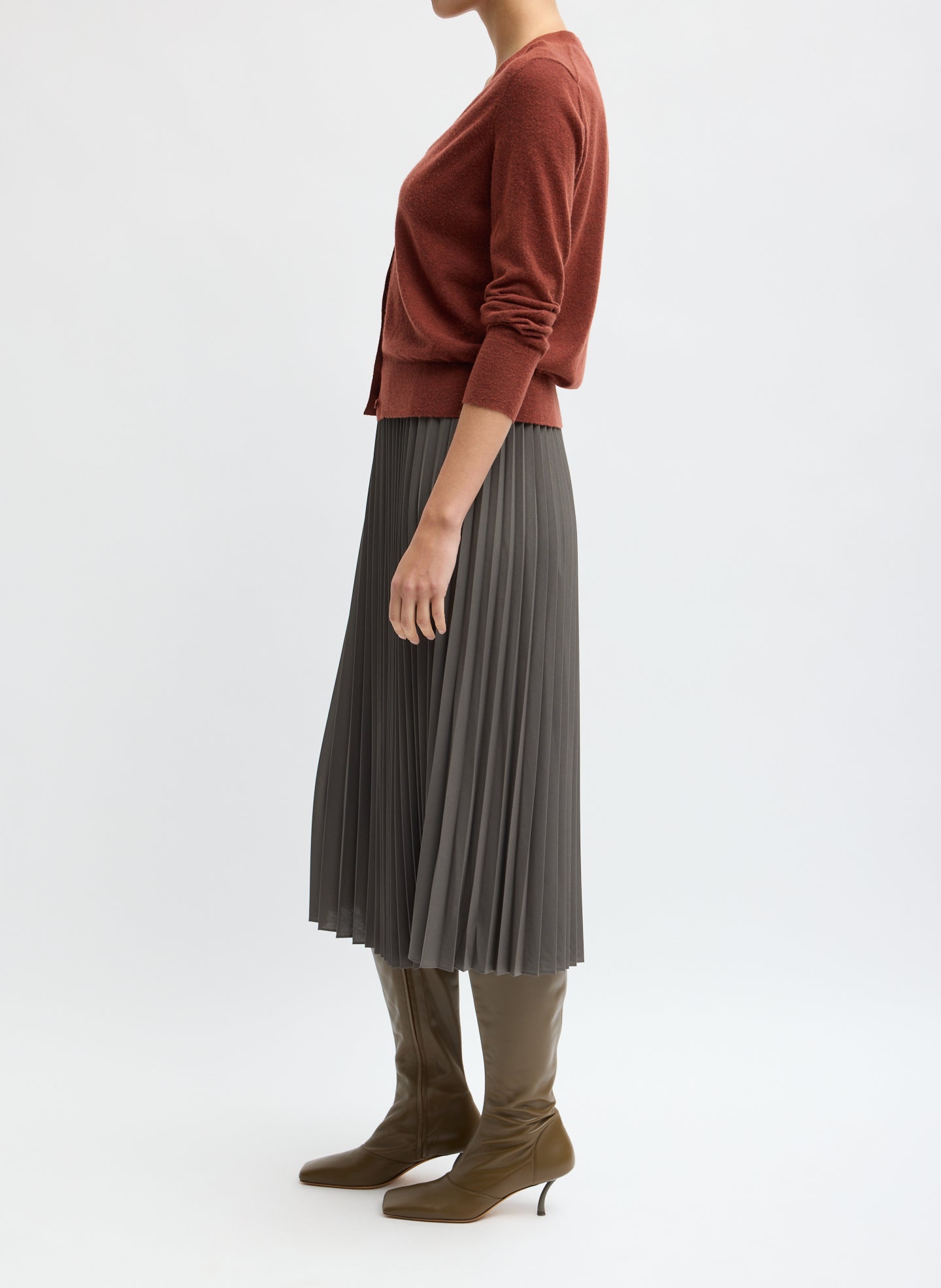 Dark Stone Grey Tropical Wool Pleating Sunray Skirt - pleated midi skirt, side view on model