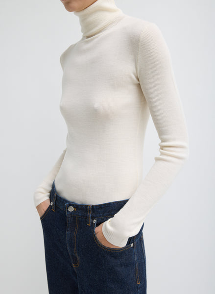 Tibi Featherweight Ribbed Sweater Turtleneck Pullover Off White XL T000FW6194