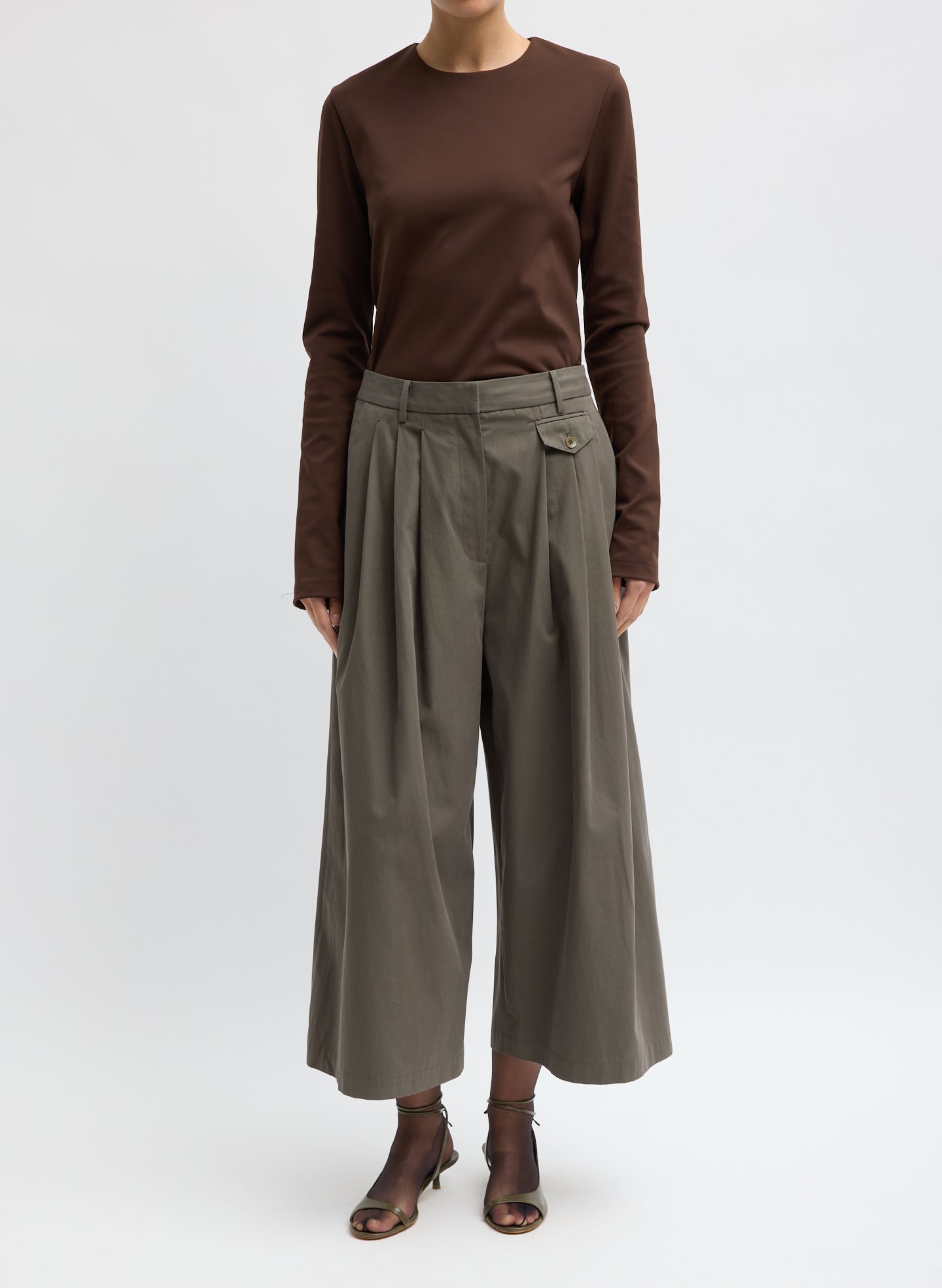 Brown Compact Ultra Stretch Knit Long Sleeve Slim Top - full look, front view on model