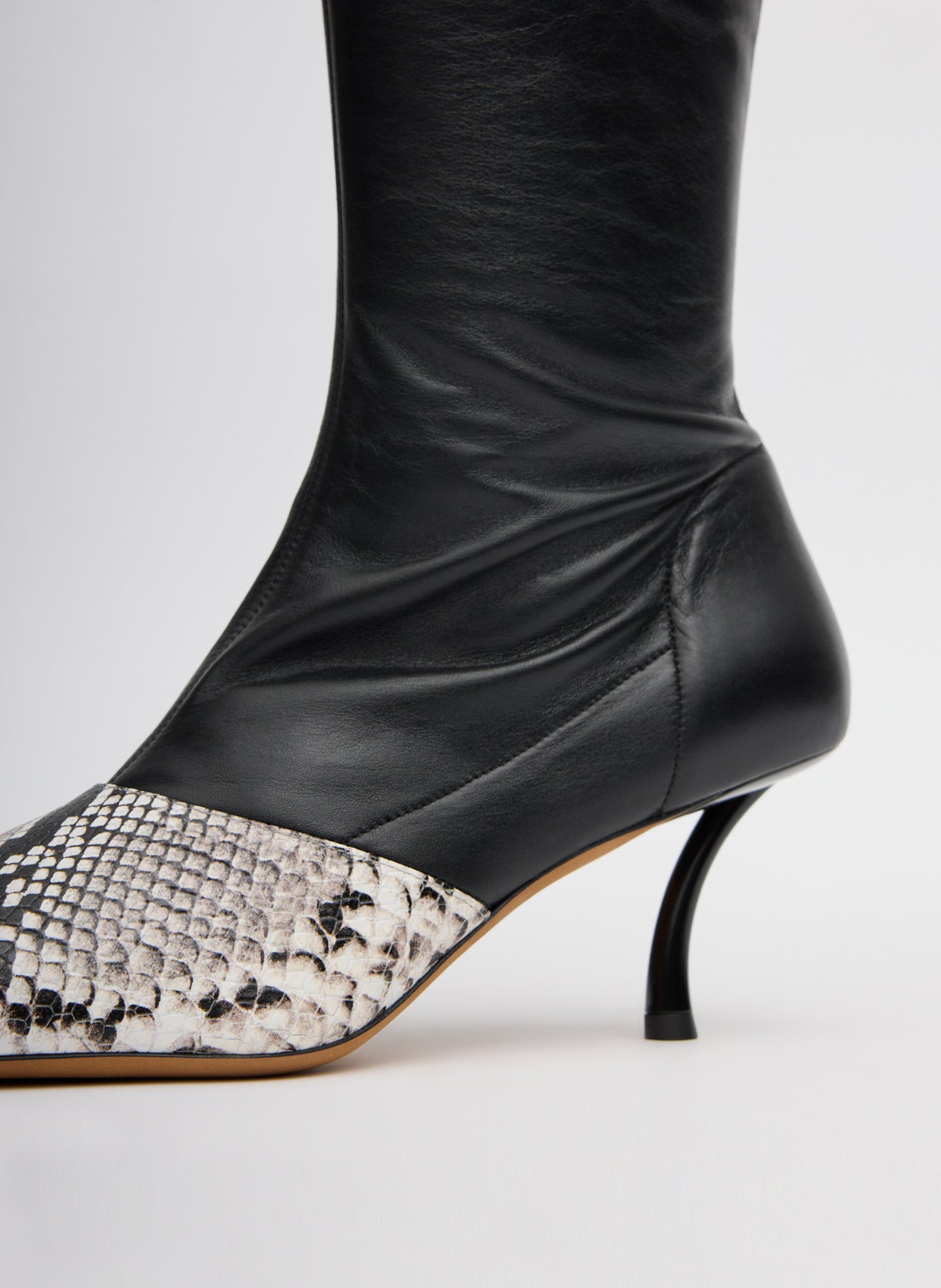 Two Tone Black and Snake Embossed Leather Brannon Heeled Boot - detail shot