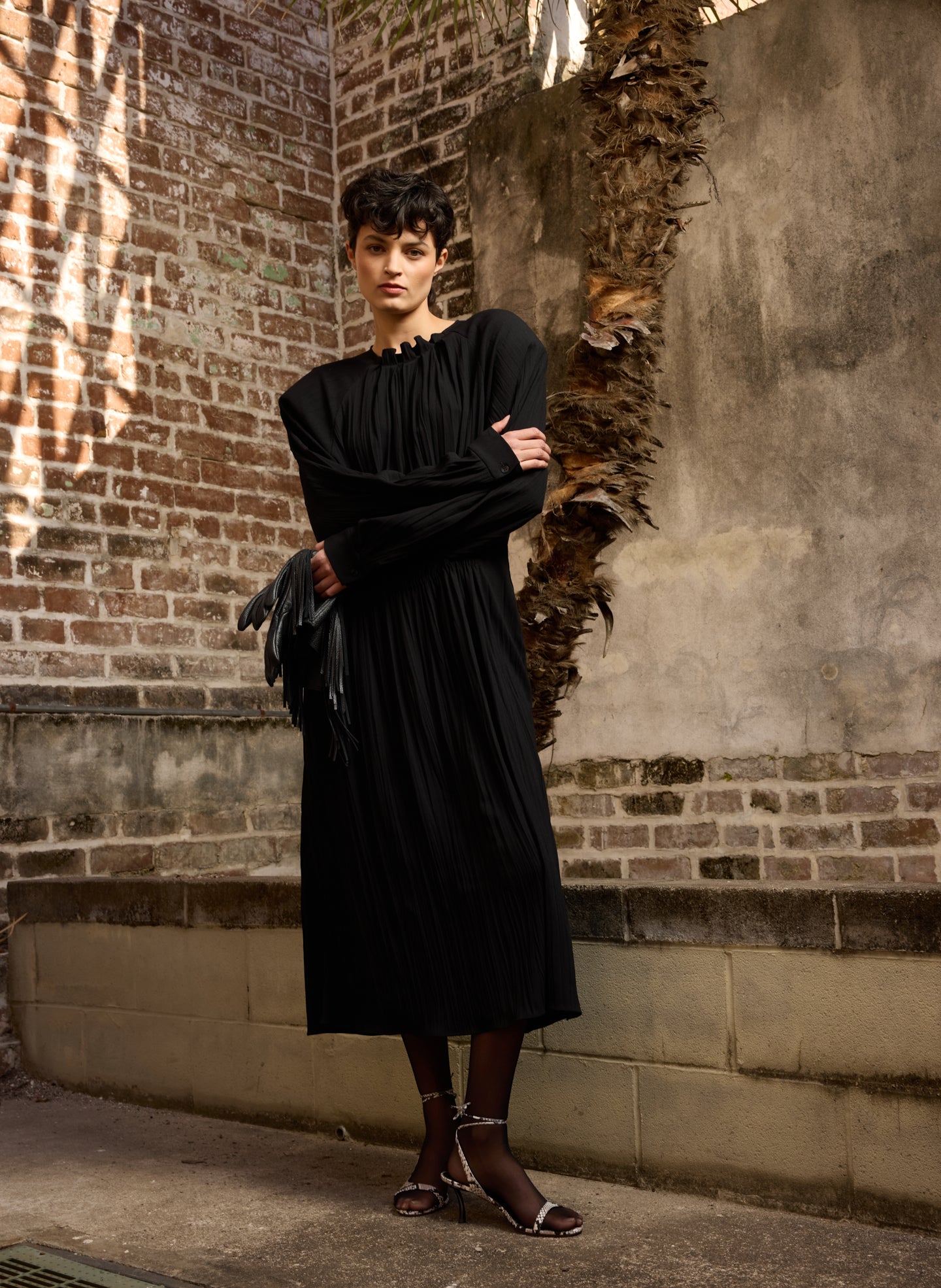 Black Creased Acetate Drape Merryl Dress - editorial image on model