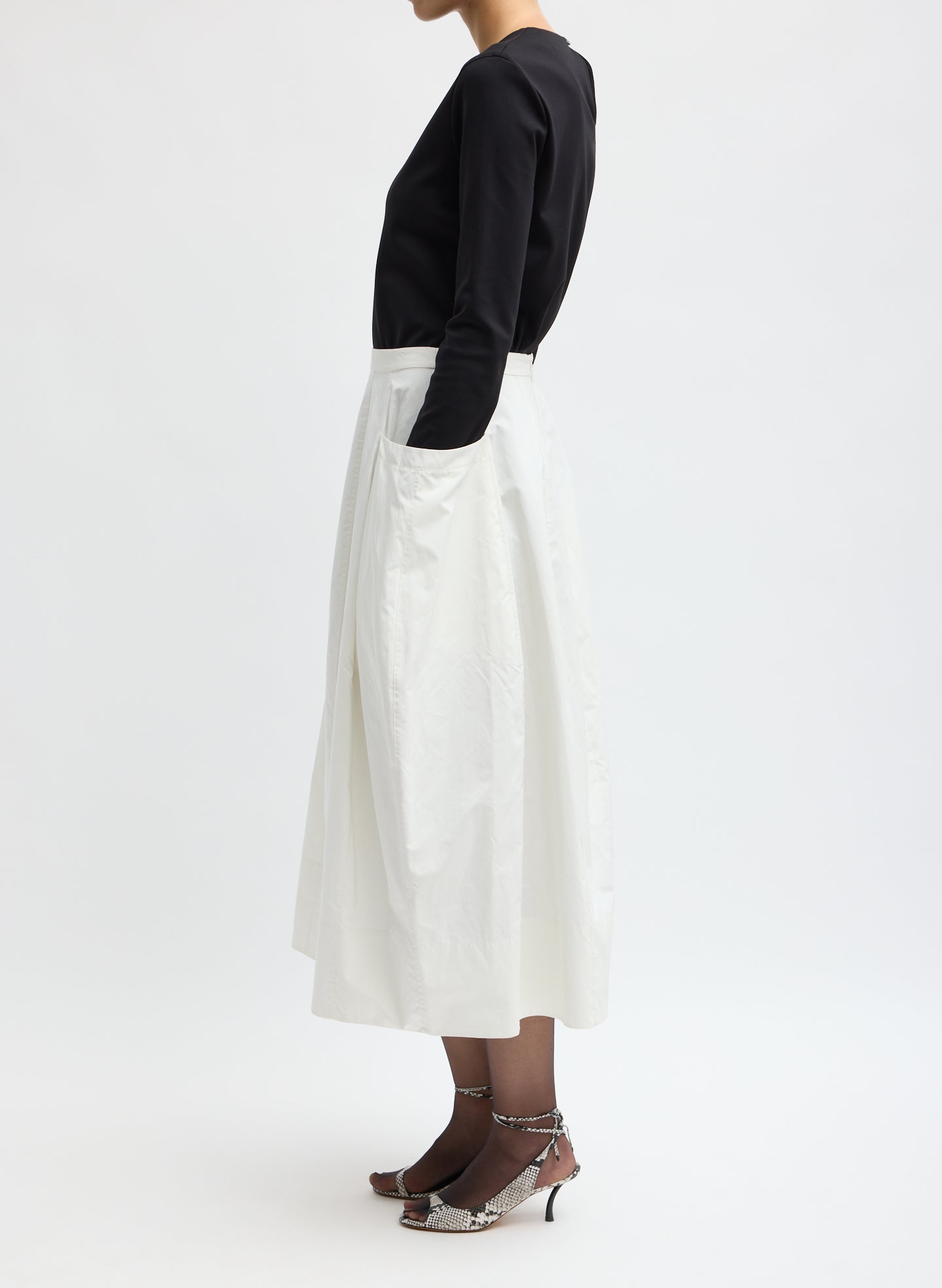 White Nylon Lantern Skirt - full look, side view on model