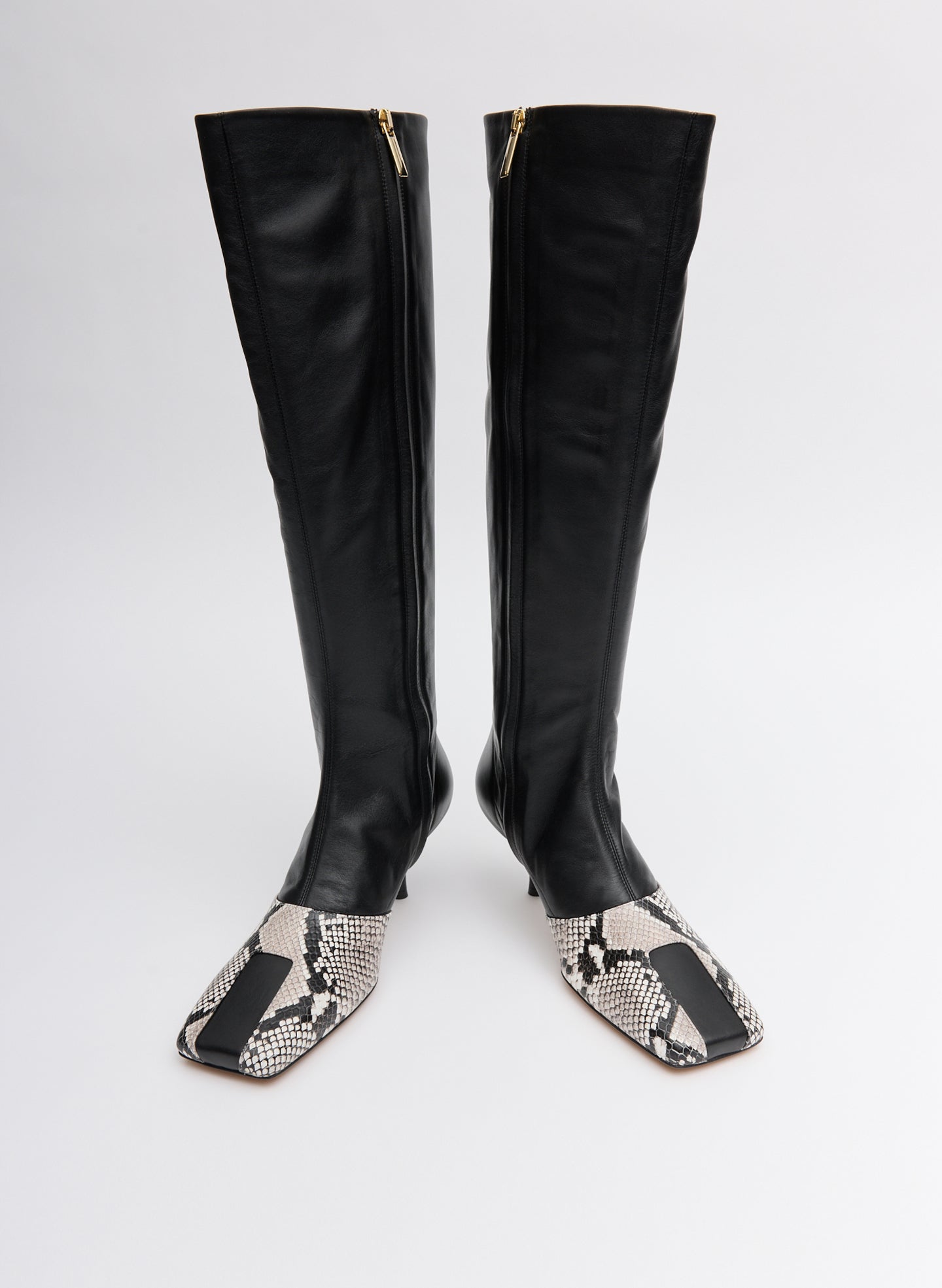 Two Tone Black and Snake Embossed Leather Brannon Heeled Boot - tall boot, front view