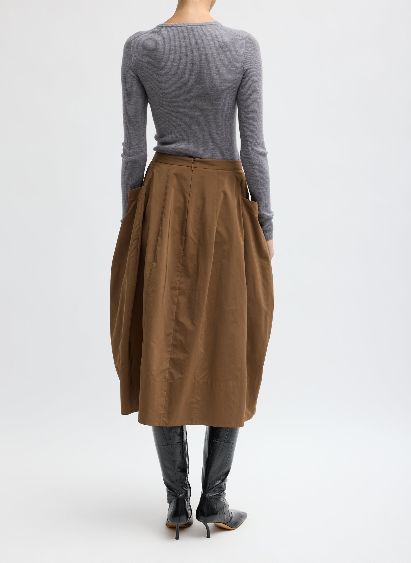 Caramel Latte Brown Nylon Lantern Skirt - balloon midi skirt, back view on model