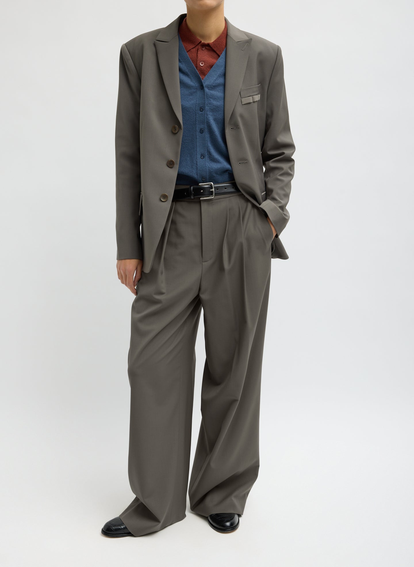 Dark Stone Grey Tropical Wool Stella Pant - full look, front view on model