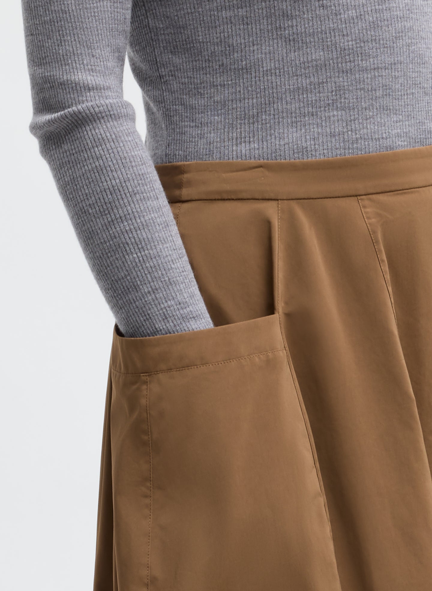 Caramel Latte Brown Nylon Lantern Skirt - closeup of pocket detail