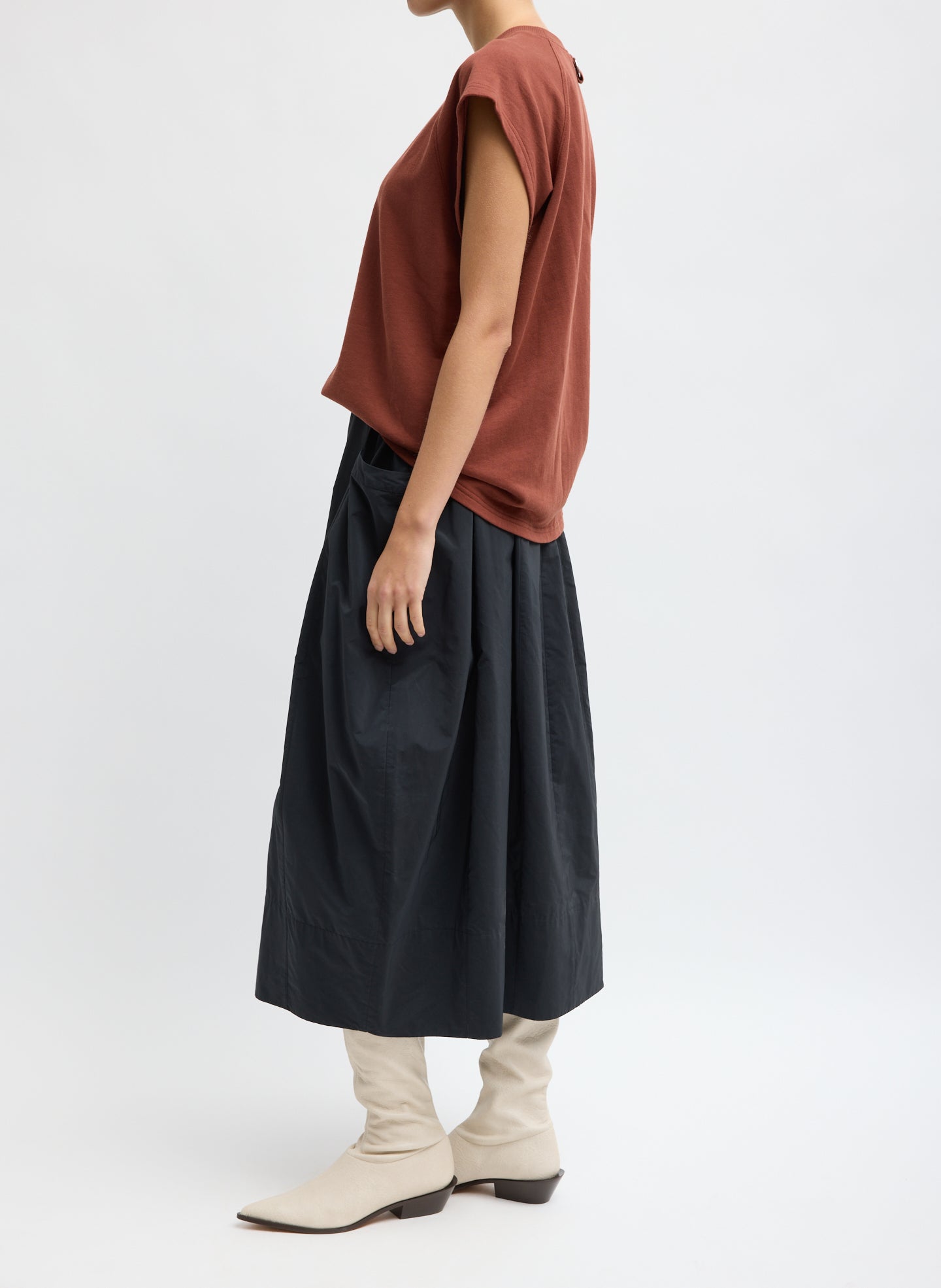 Black Nylon Lantern Skirt - balloon midi skirt, side view on model