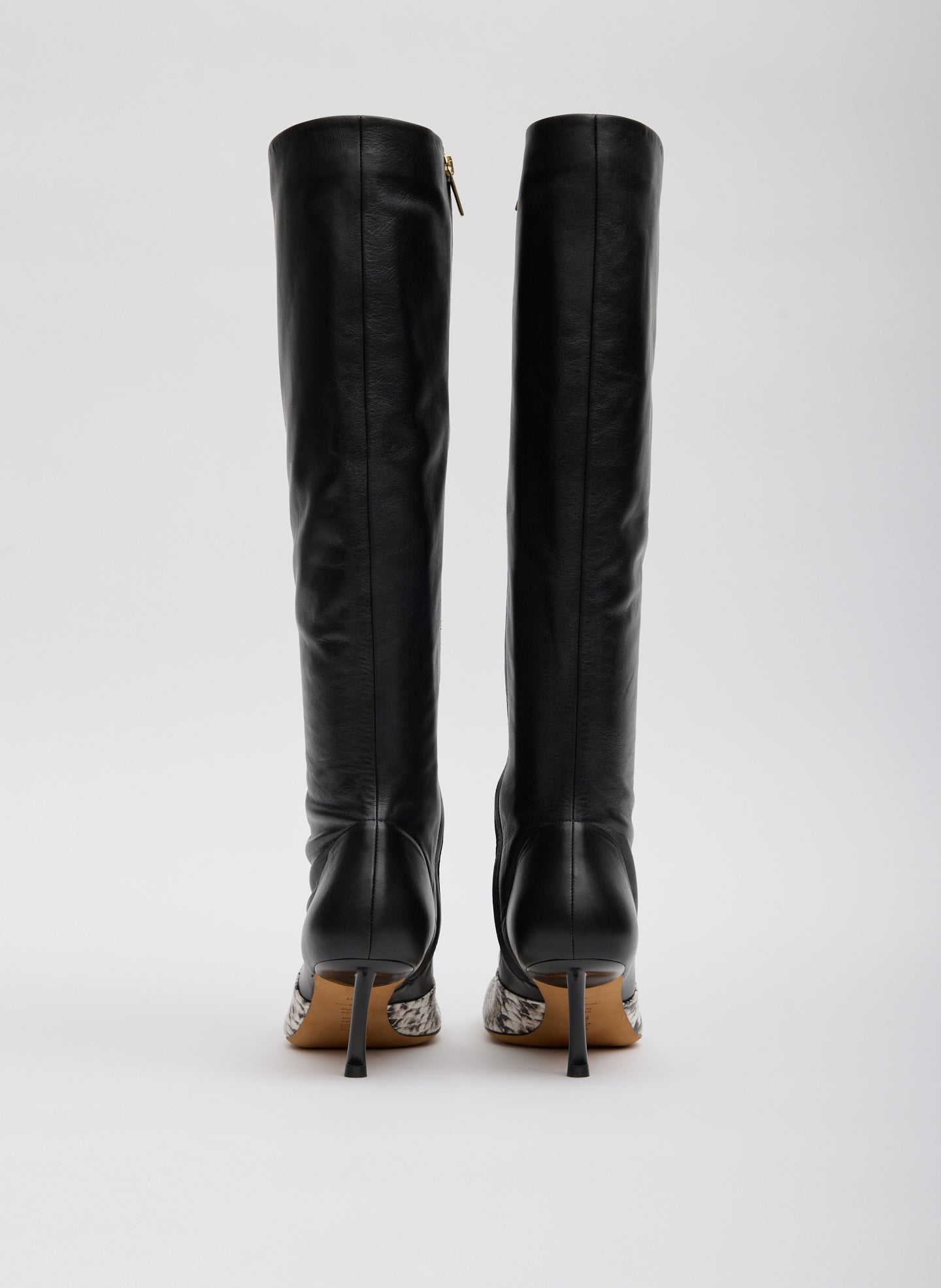Two Tone Black and Snake Embossed Leather Brannon Heeled Boot - tall boot, back view