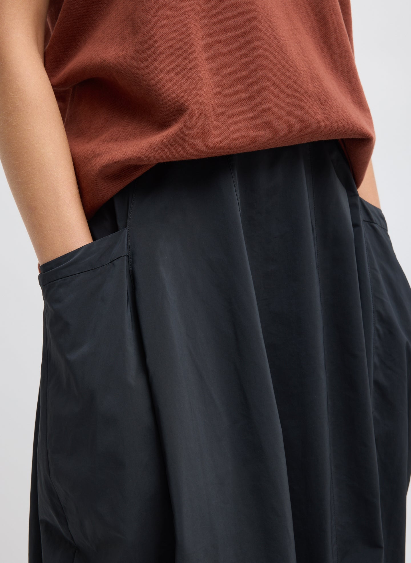 Black Nylon Lantern Skirt - closeup of pocket details
