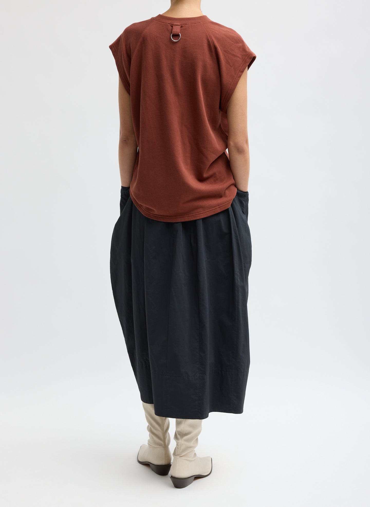 Black Nylon Lantern Skirt - balloon midi skirt, back view on model