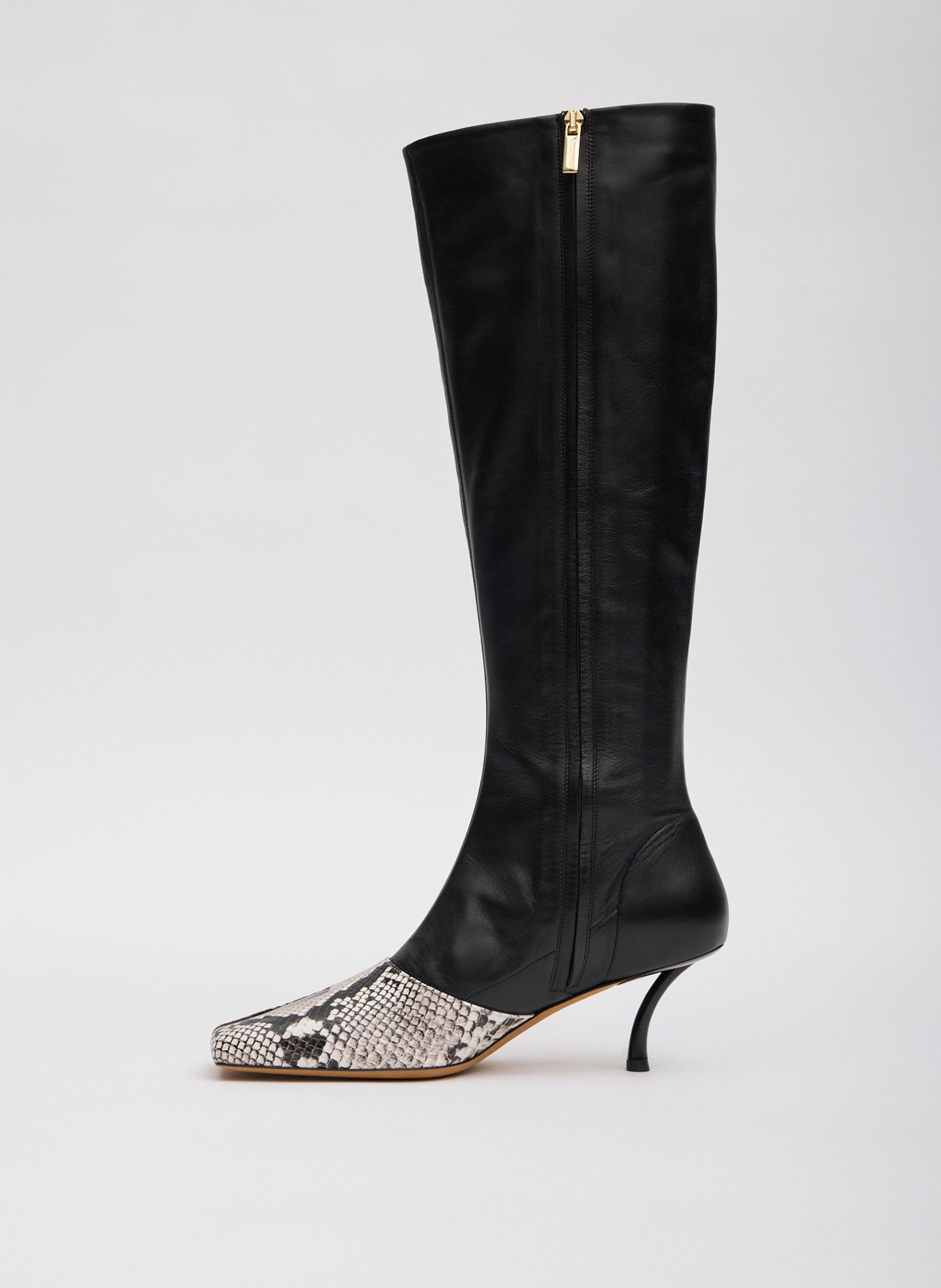 Two Tone Black and Snake Embossed Leather Brannon Heeled Boot - tall boot, side view