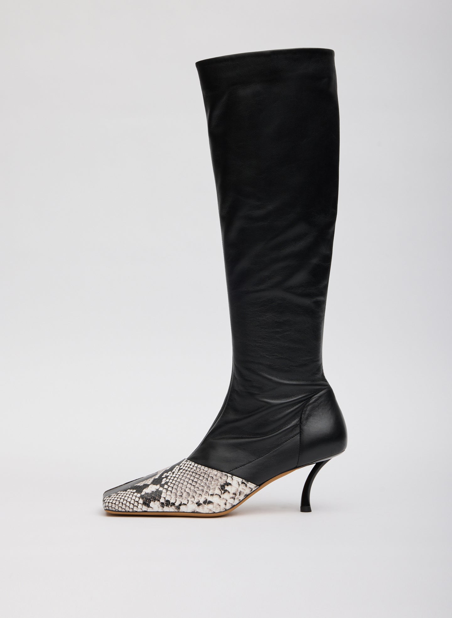 Brannon Illusion Boot Snake Embossed - Two Tone Black and Snake Embossed Leather Brannon Heeled Boot - tall boot, side view