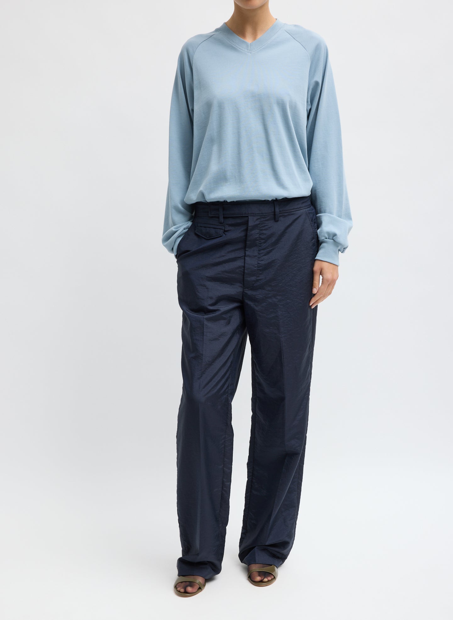 Crispy Nylon Rodney Trouser - Navy Crispy Nylon Rodney Trouser - full look, front view on model
