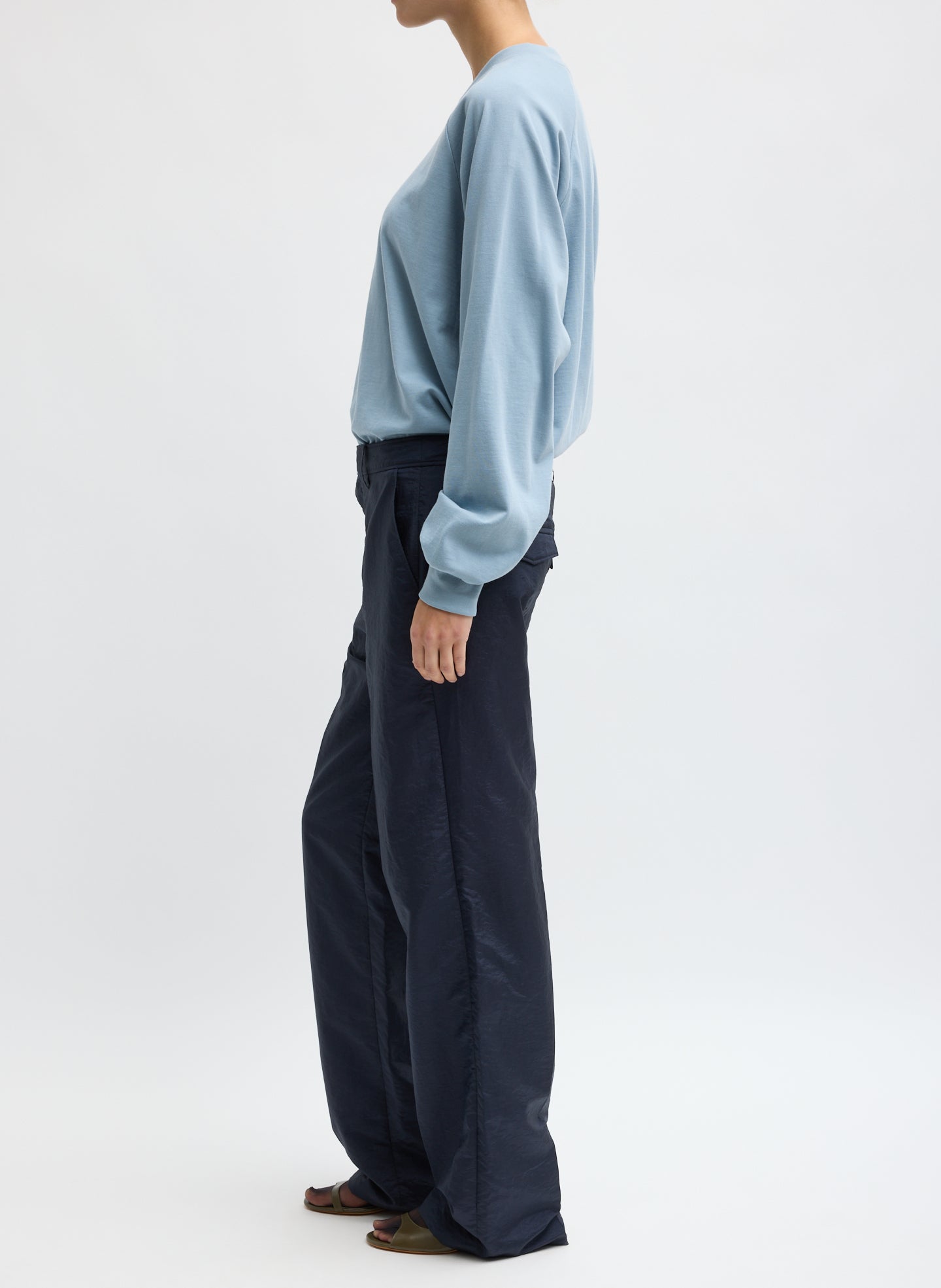 Navy Crispy Nylon Rodney Trouser - full look, side view on model
