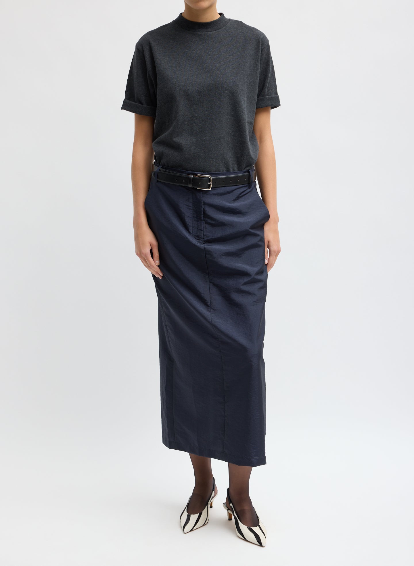 Crispy Nylon Maxi Skirt - Navy Crispy Nylon Maxi Skirt - trouser skirt, front view on model