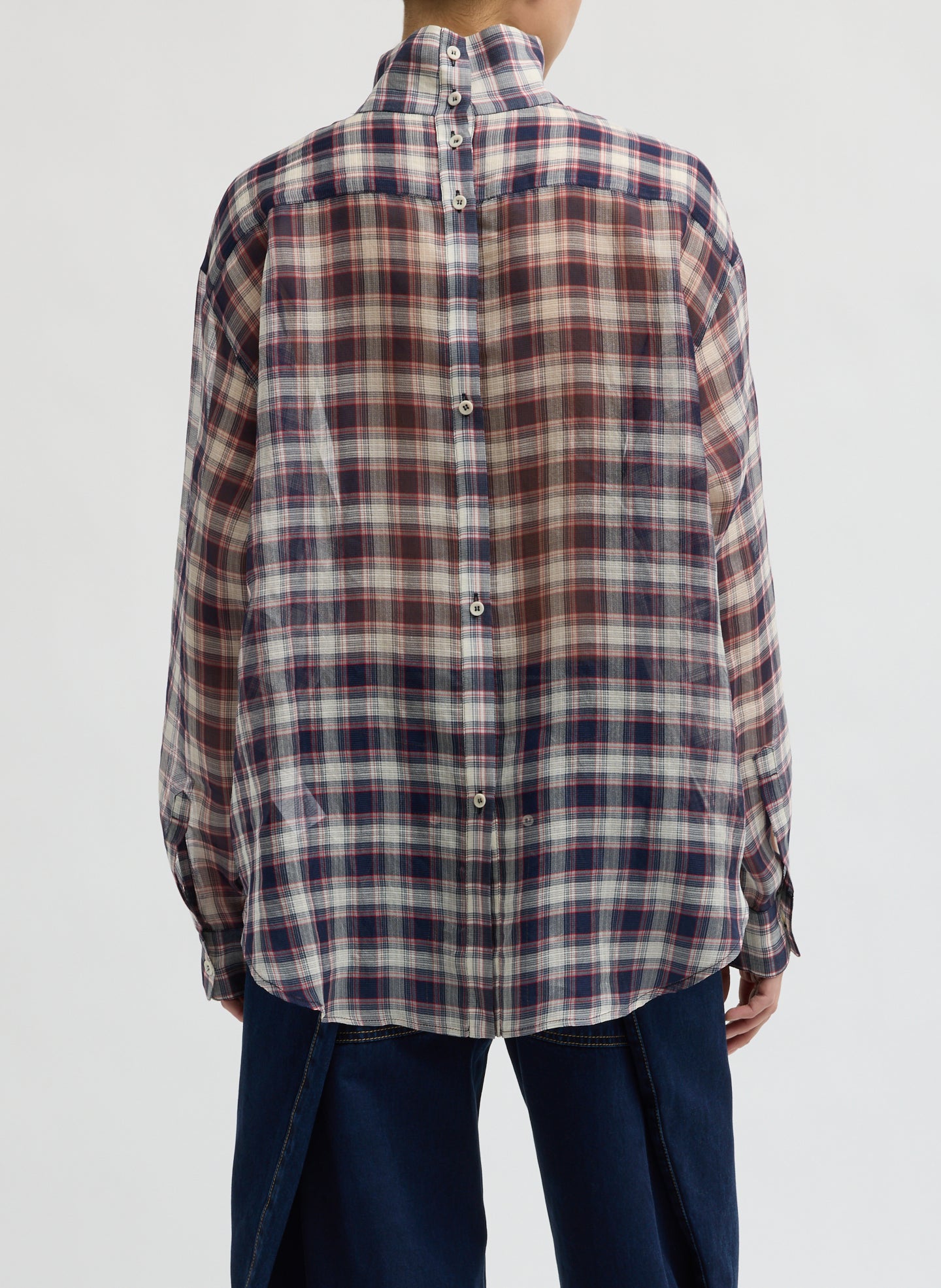 Black and Red Silk Cotton Plaid Funnel Neck Shirt - back view on model