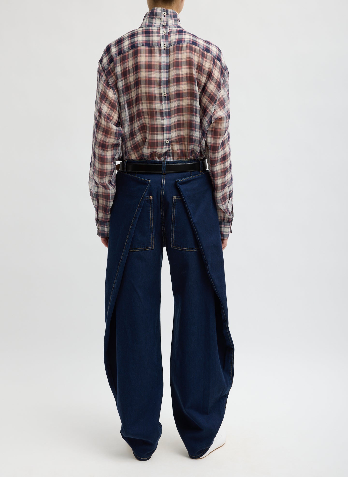 Indigo Tencel Cotton Denim Aleda Jean - barrel leg jean, back view on model