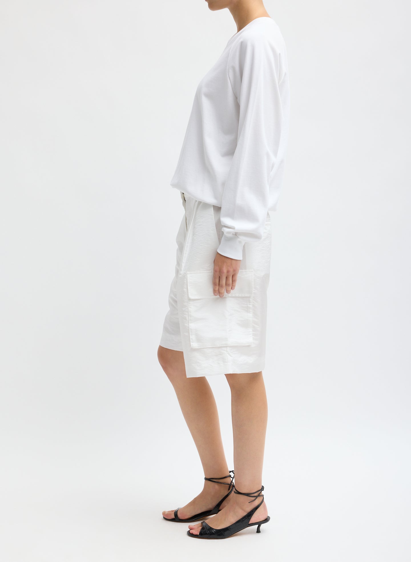White Crispy Nylon Stella Short - side view on model