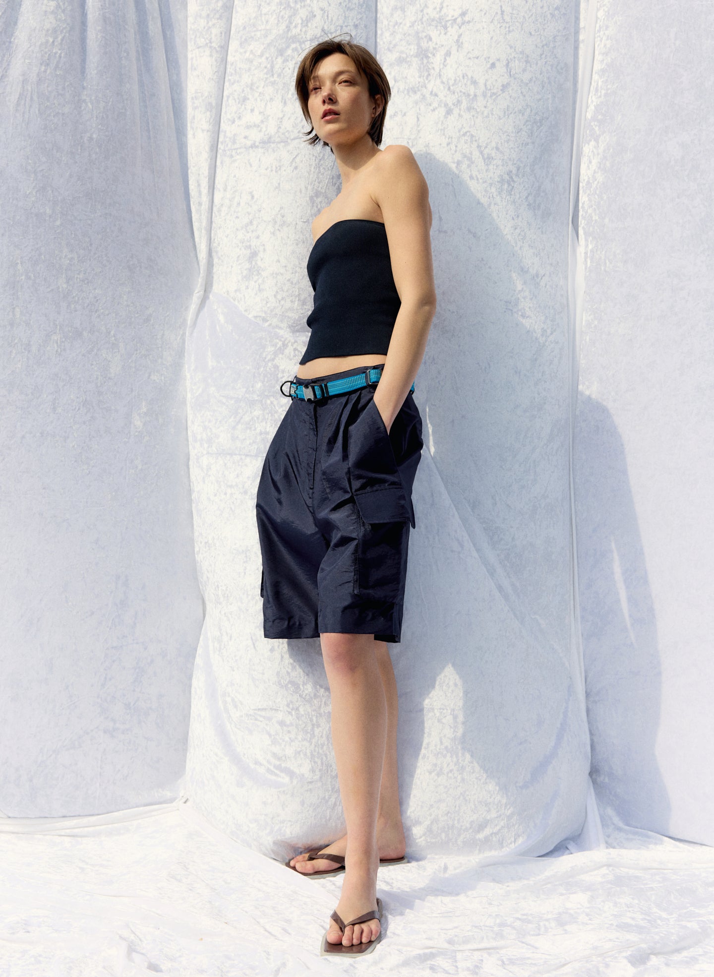 Navy Ribbed Sweater Tube Top - editorial image on model