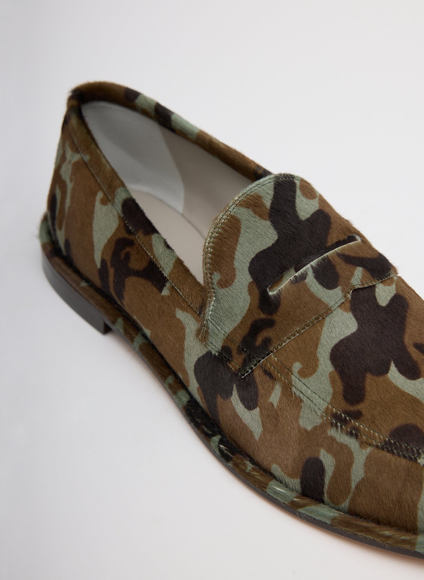 Green Camouflage printed calf hair Herbert Loafer - closeup of camo printed calf hair
