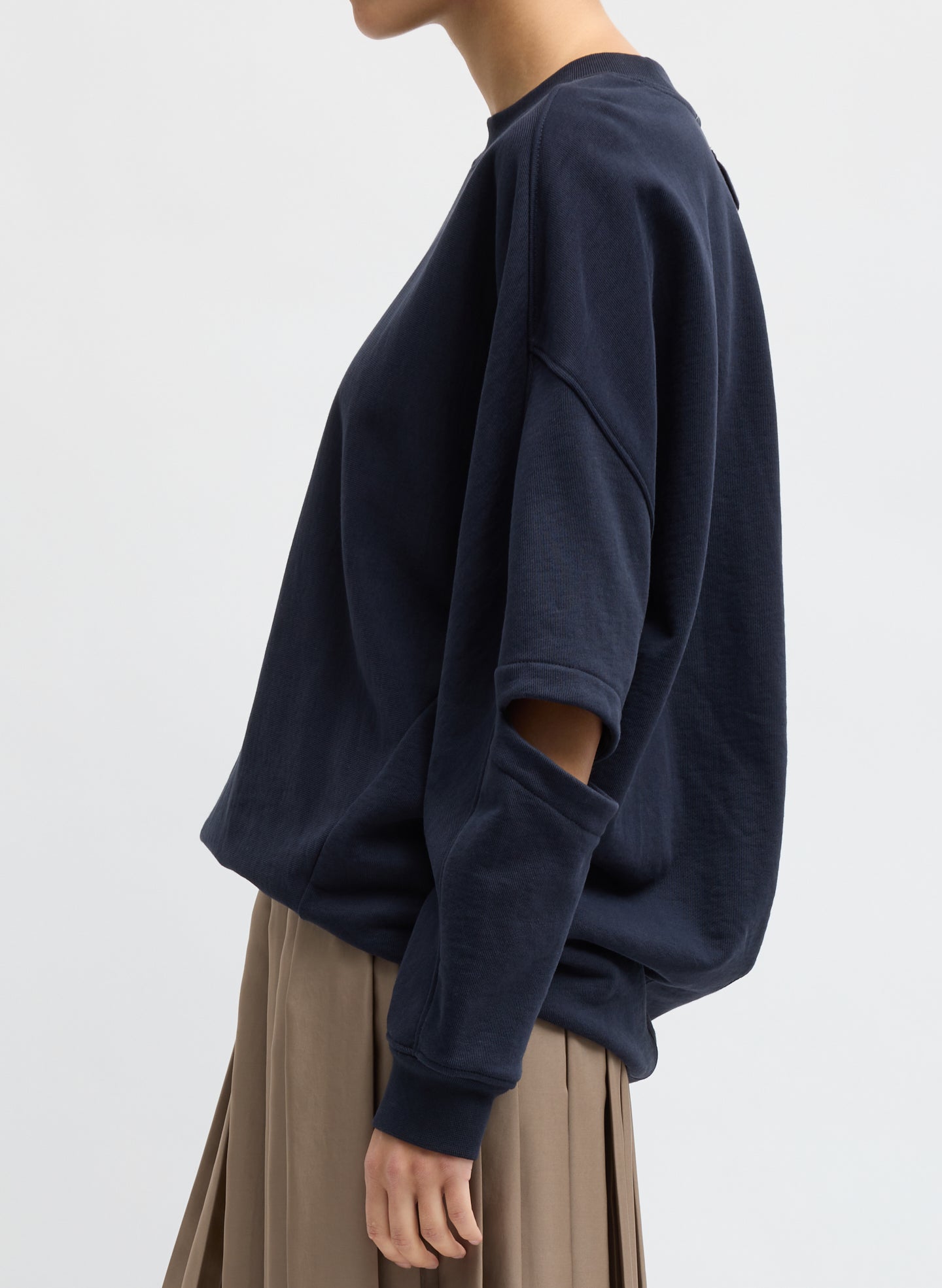 Navy Cocoon Crewneck Sweatshirt - side view on model