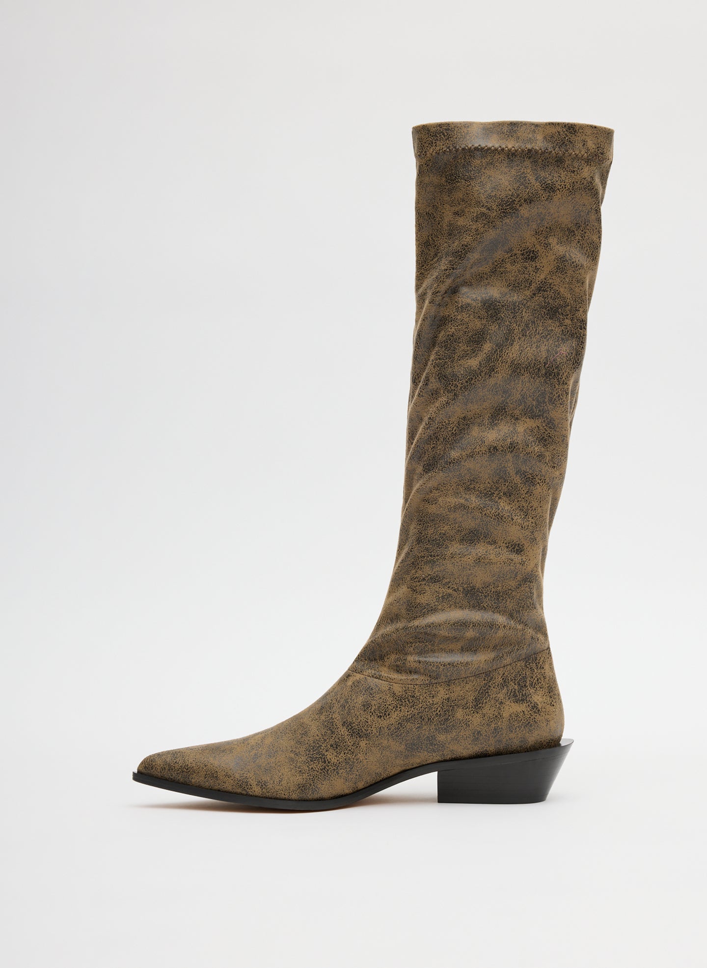Distressed Bronson Boot - Regular Calf - Black/Tan Multi Distressed Leather Bronson Boot - knee high boot, side view