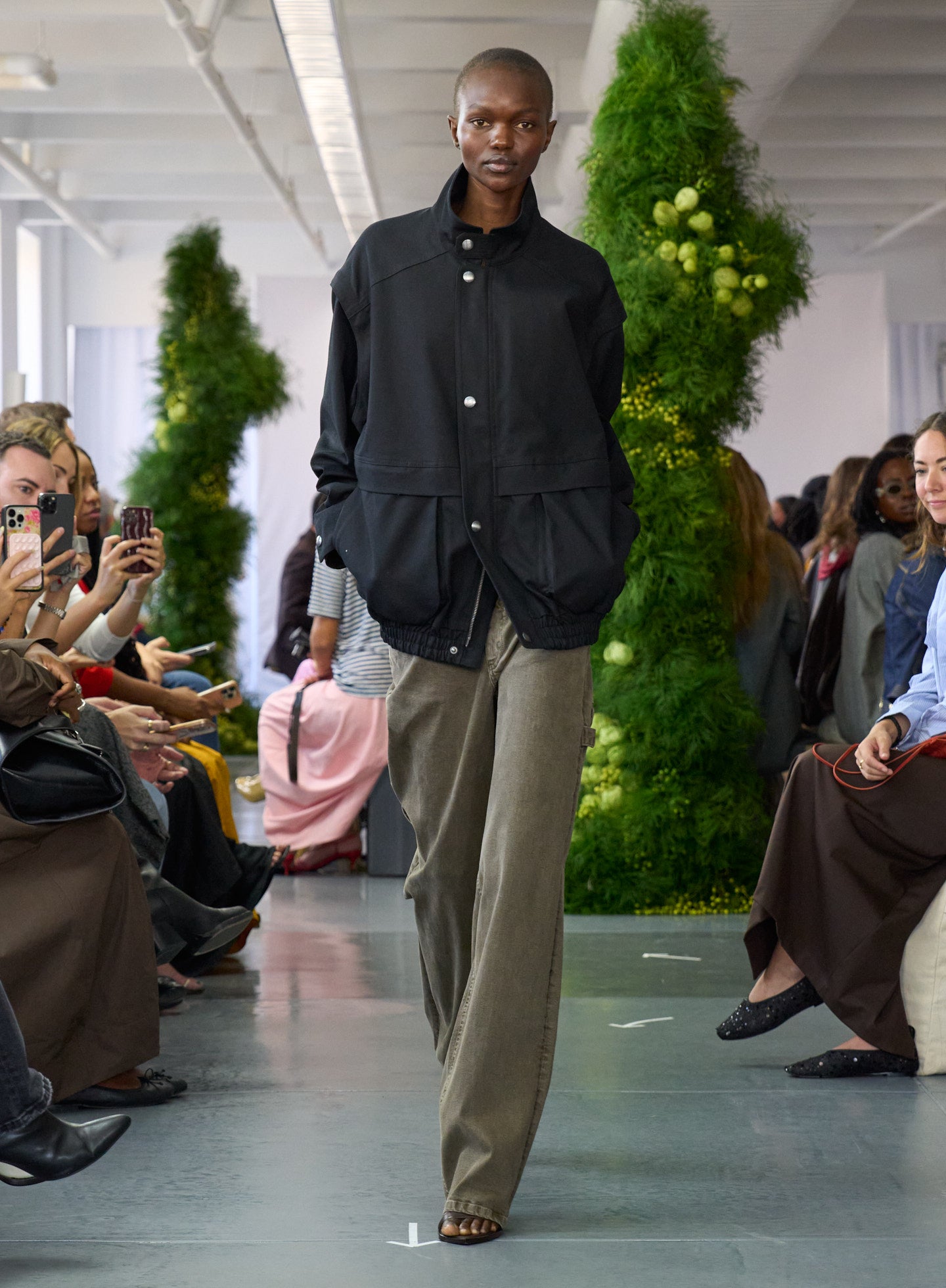 Black Patchwork Twill Bomber Jacket - on runway