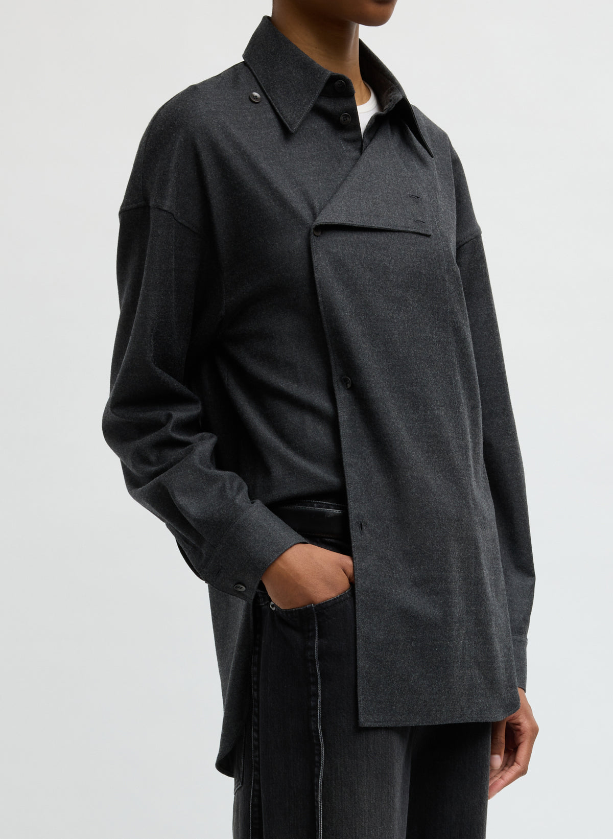Dark Heather Grey Cozy Flannel Long Sleeve Shirt with Overlap Detail - side view on model
