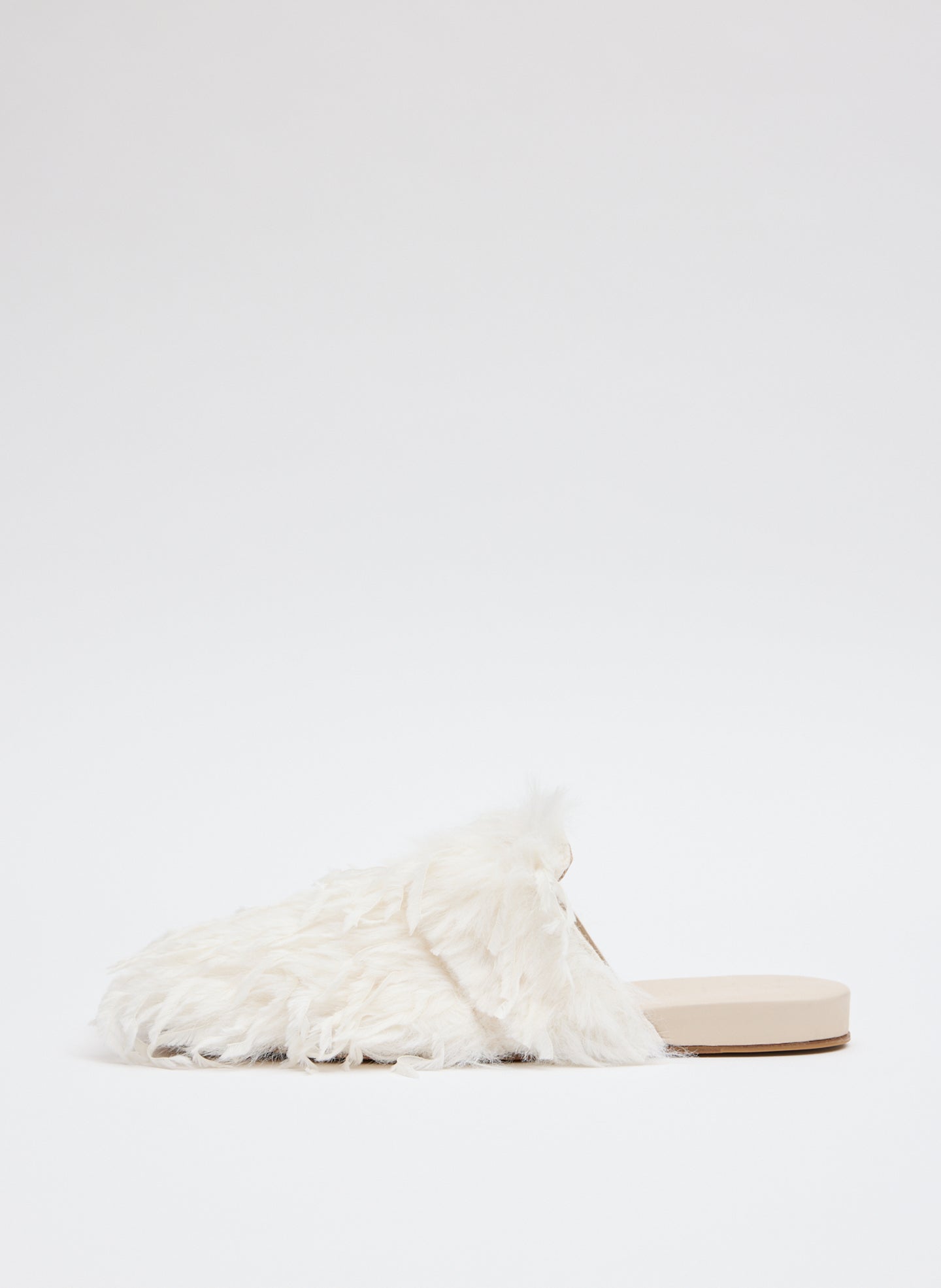 Faux Feather Granger Slide - Cream Faux Feather Granger Slide - feathered slide, side view 