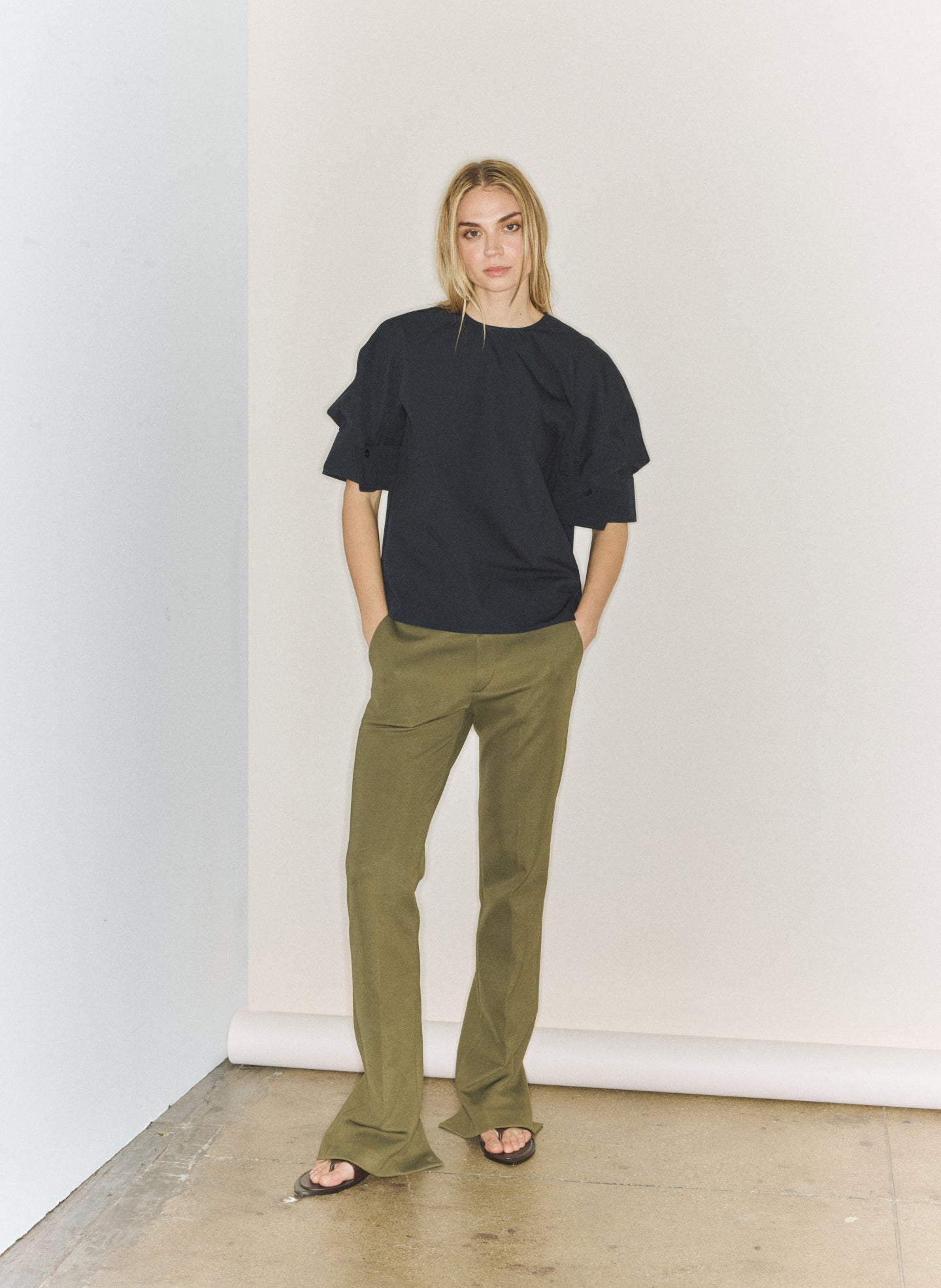 Navy Compact Eco Poplin Reverse Sleeve Top - editorial image on model