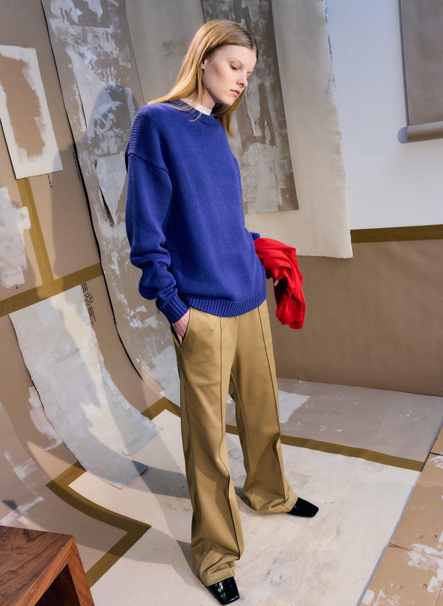 Blue Cotton Wool Crewneck Pullover - thick knit sweater, editorial image on model