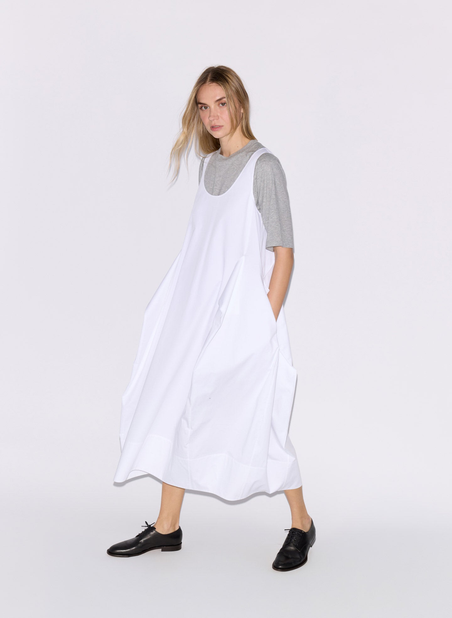 White Eco Poplin Tank Dress - editorial image on model